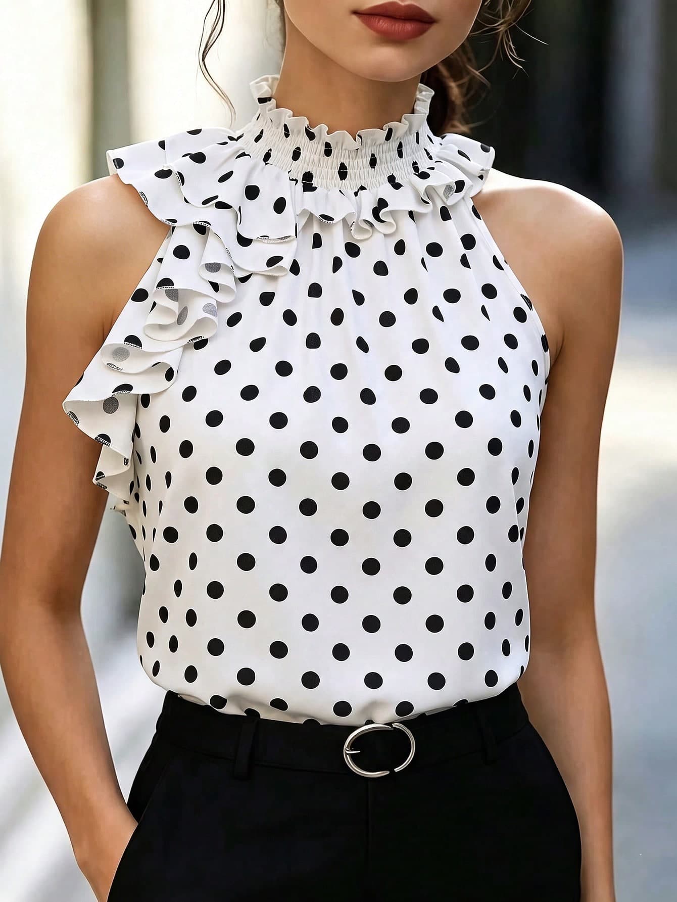 Velvienne Plus Size Women's Polka Dot Elegant Lazy Style One-Side Pleated Casual French Chic Loose Commute Vacation Beach Shirt
