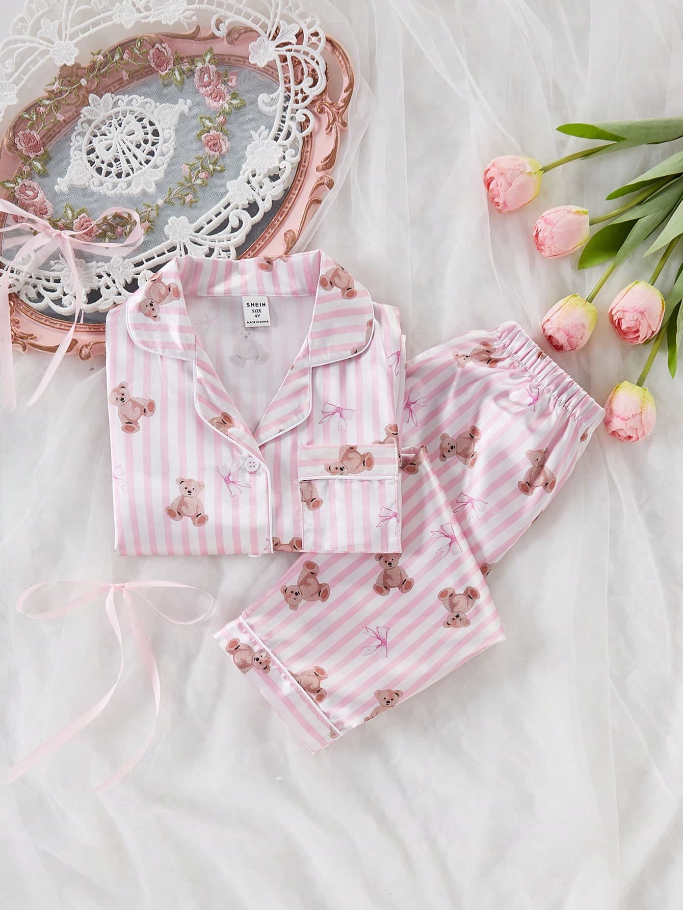 Genkimix Kids Girls' Satin Bow Print Long Sleeve Cardigan & Pants 2 Pieces Set Loungewear Spring/Autumn