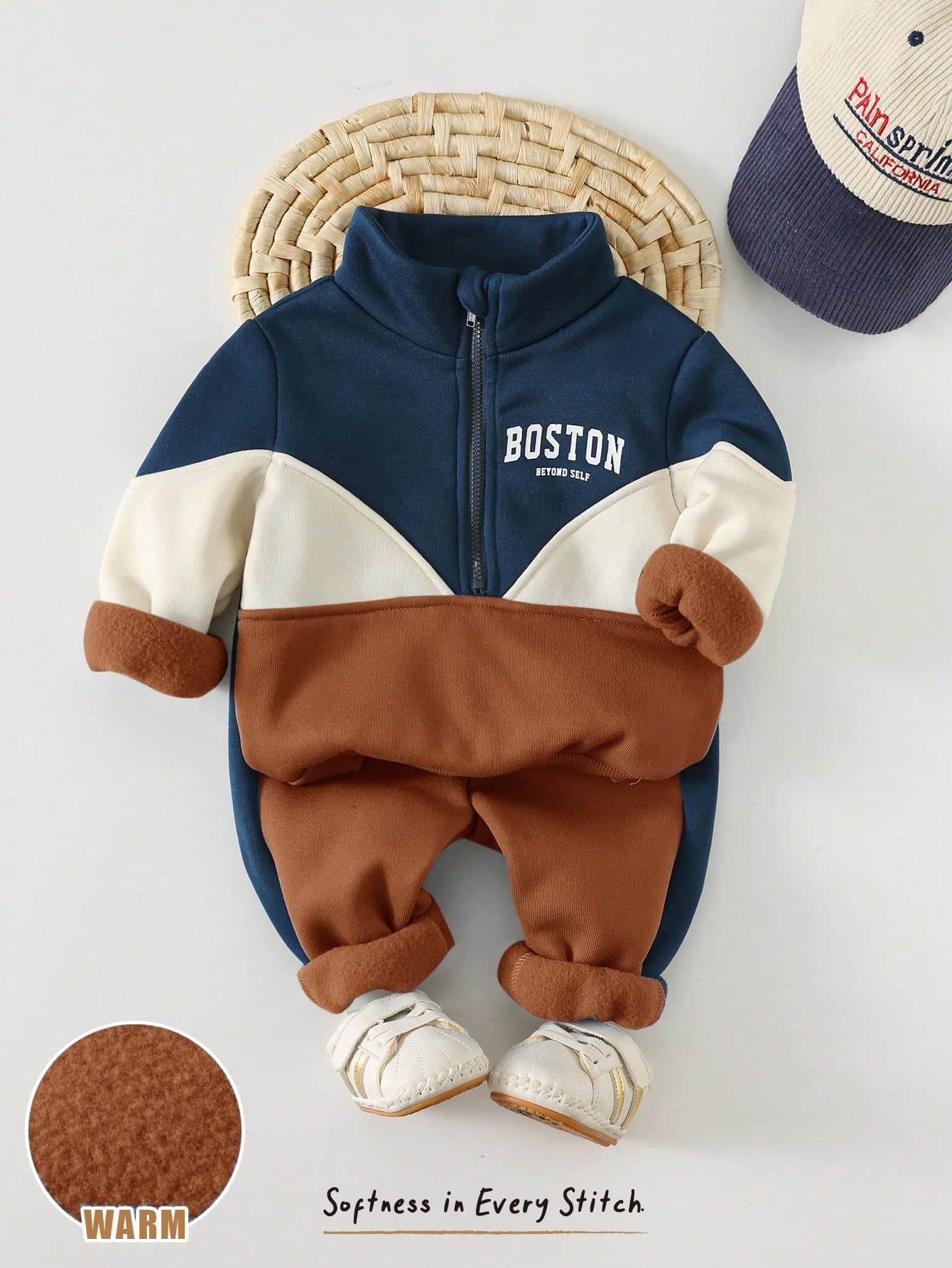 Cozy Pixies Baby Boy Colorblock Patchwork Letter Print Crew Neck Long Sleeve Half-Zip Pullover Sweatshirt And Elastic Waist Cuffed Long Pants 2-Piece Set