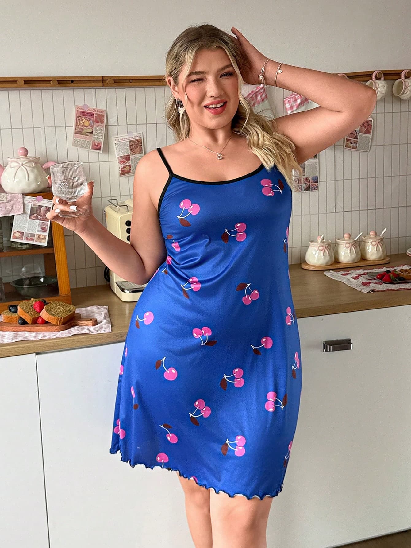 Slumberry CURVE Plus Size Cherry Print Spaghetti Strap Nightgown