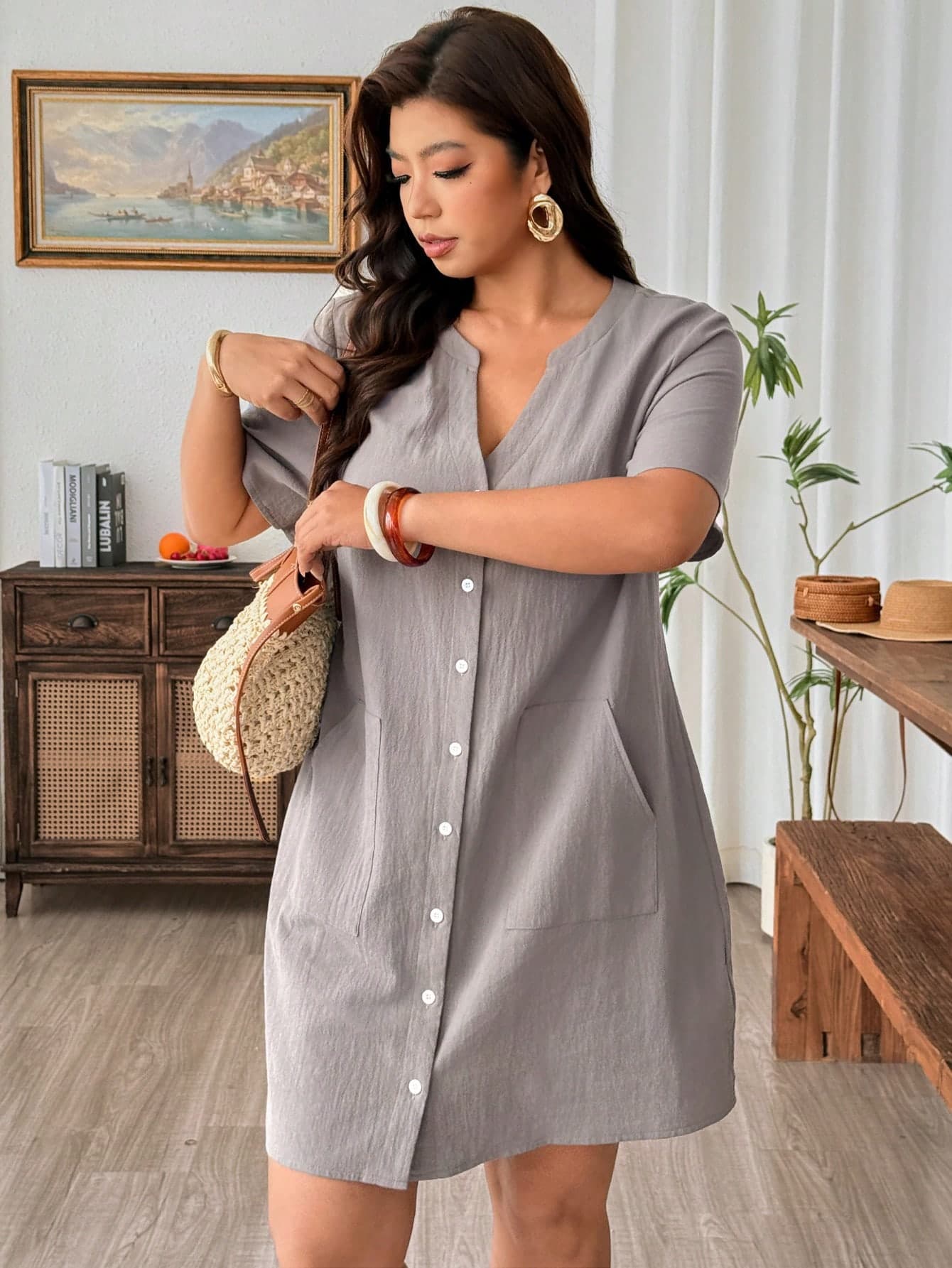 Weeklong Plus Size Casual Solid Color Front Button Dress