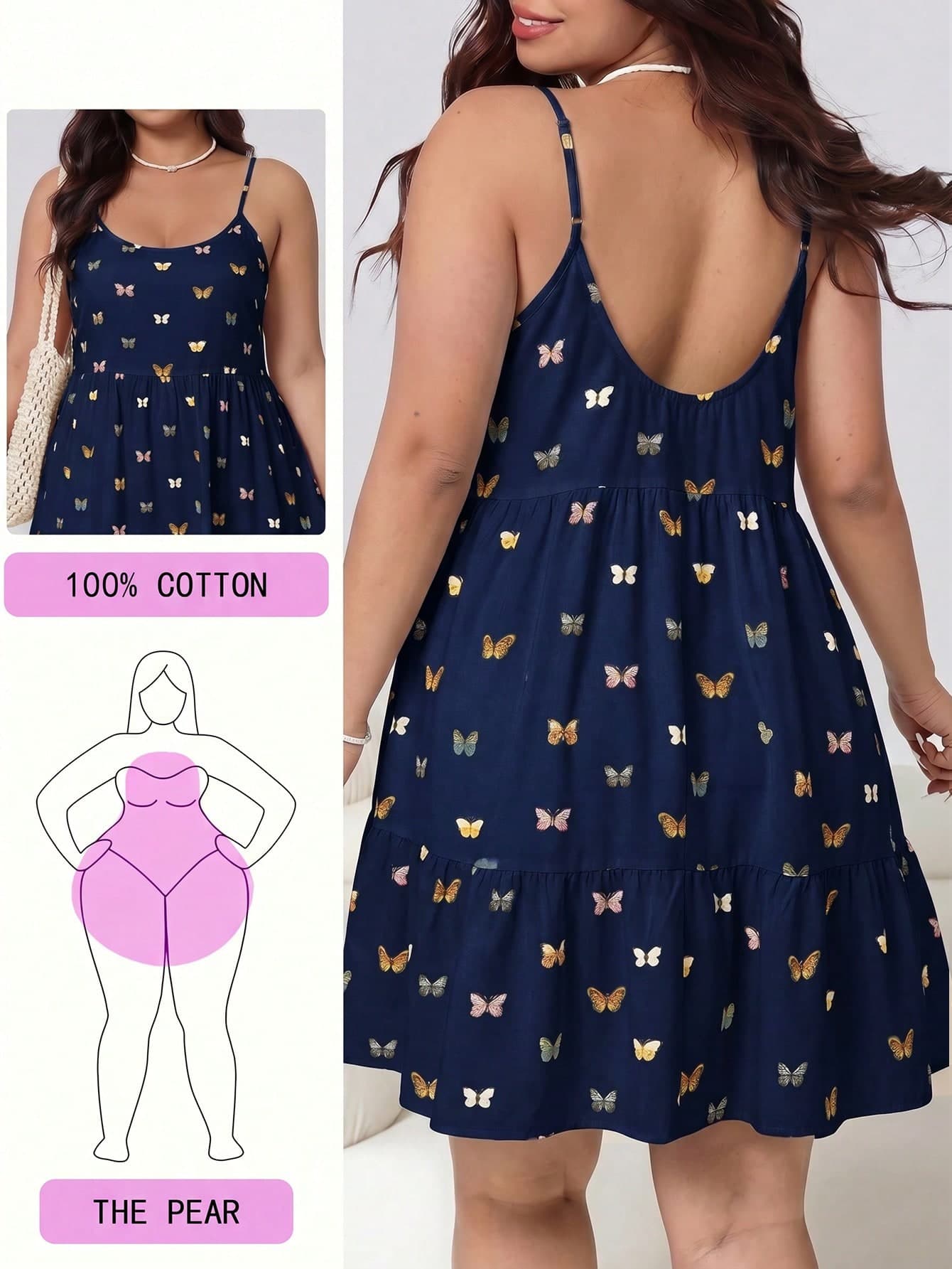 Solflare Navy Blue Butterfly Print Casual Cute Plus Size Women's Dress Vacation Summer