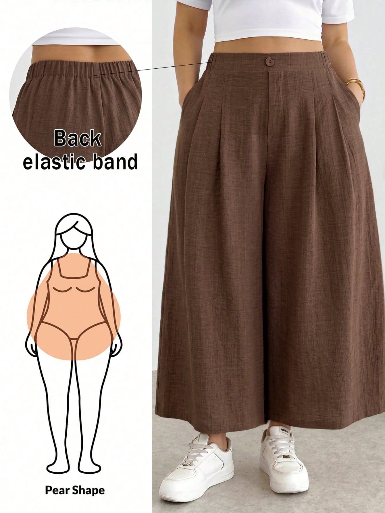 SHEIN Essnce Plus Size Women's Spring/Summer Casual Traditional Tropical Western Streetwear Loose Comfortable Daily Chocolate Brown Elastic Waist Wide Leg Pants