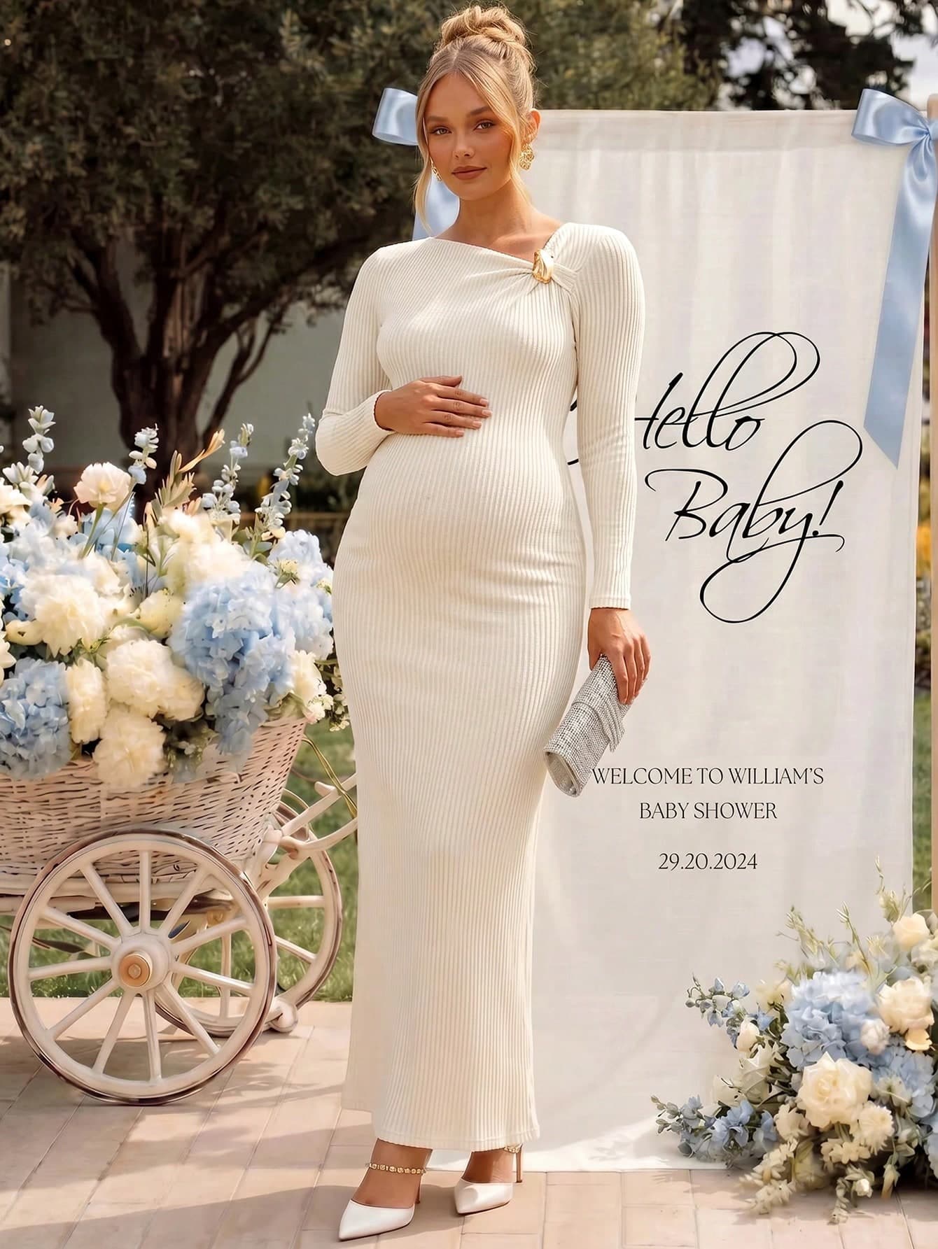 Loomaby Maternity Solid Color Metal Decor Casual Party & Travel Dress Dress Gender Reveal Dress Maternity Dress Baby Shower Dress