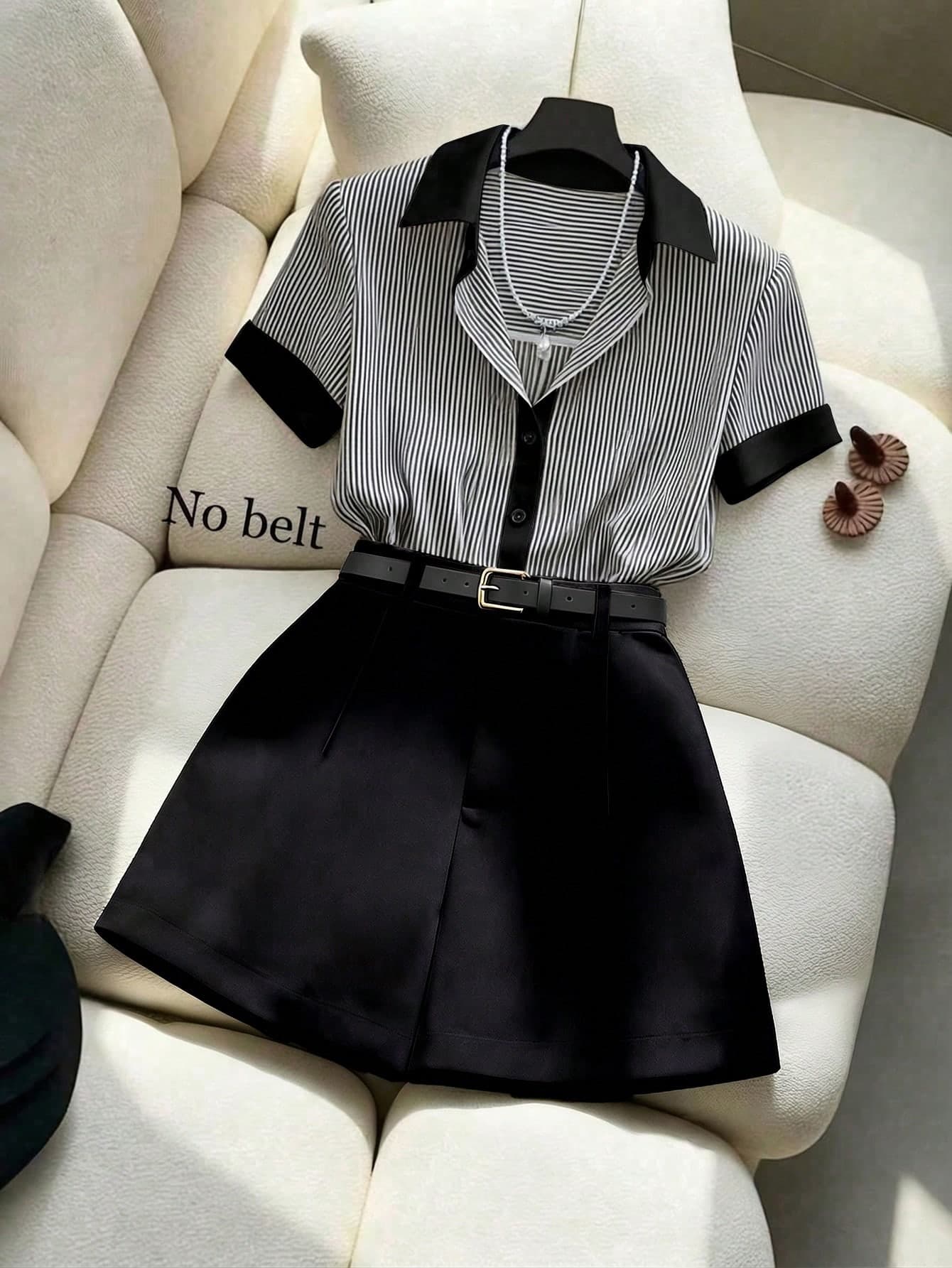 Franclia Women's Summer Black And White Striped Patchwork Contrast Color Collar Short Sleeve Shirt&Shorts 2 Pieces Set,Casual,Elegant,Office Commuting Outfit