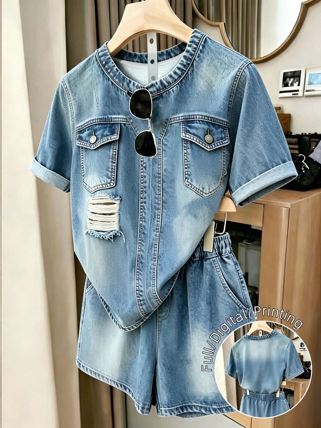 EMERY ROSE Plus Size Women's Faux Denim Print Short Sleeve Top And Shorts Casual 2-Piece Set