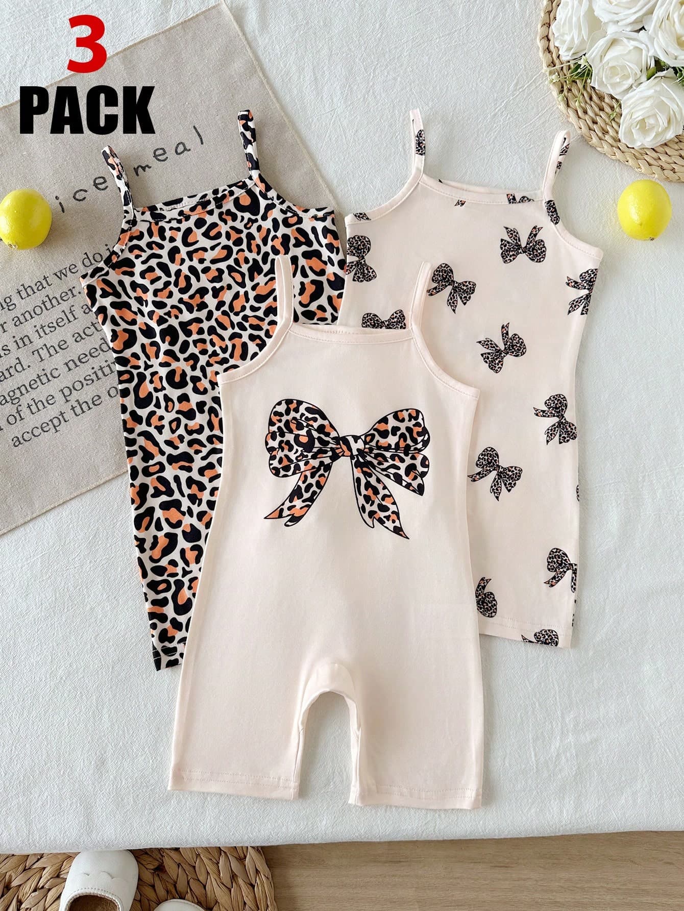 SHEIN Vintaside Kids Baby Girls Summer Sweet Lady Knit Camisole Fitted 3pcs Romper Set