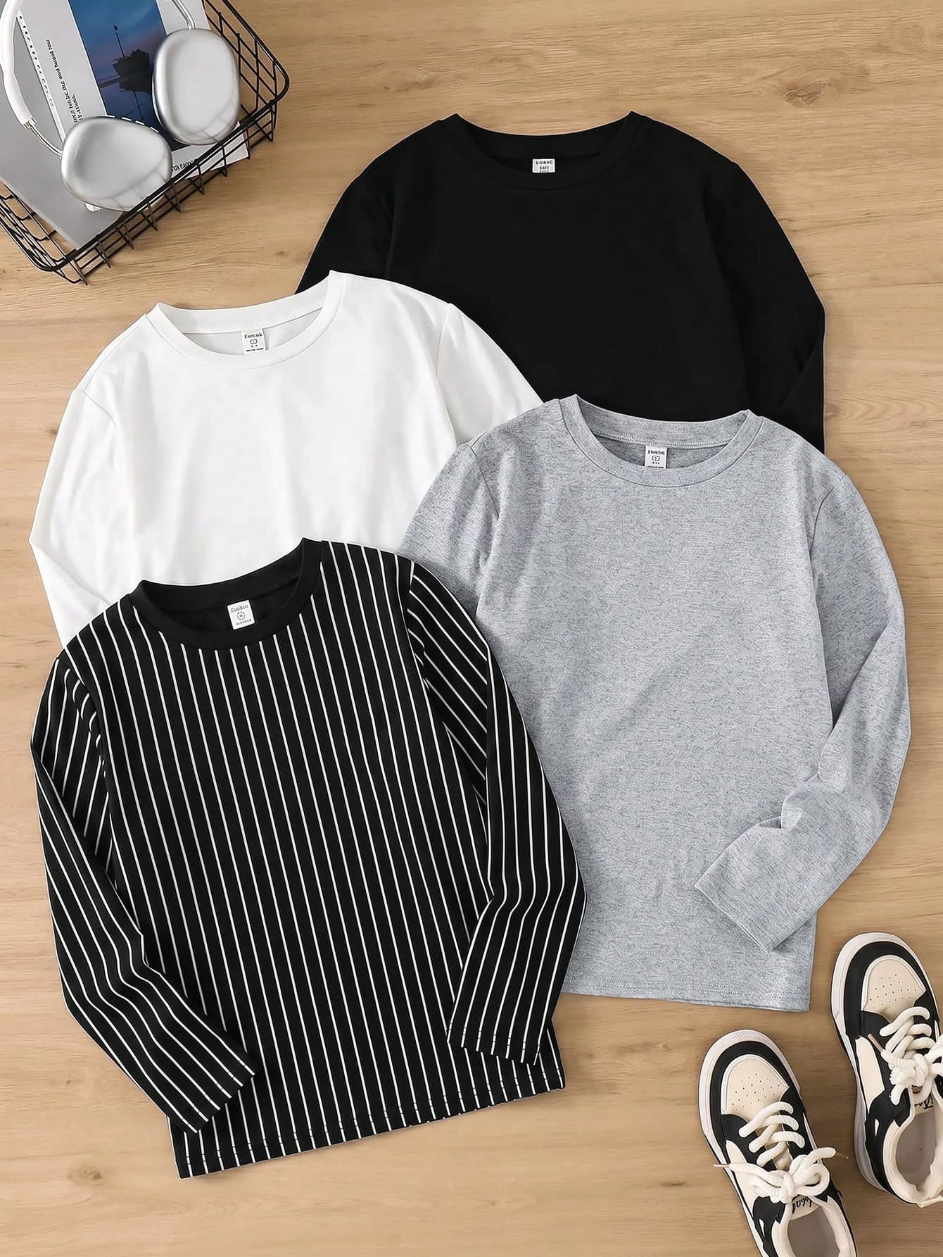 SHEIN Kids Tween Boy Crew Neck Casual Versatile Daily Wear T-Shirt Back-To-School School Black White Light Grey Autumn Pcs