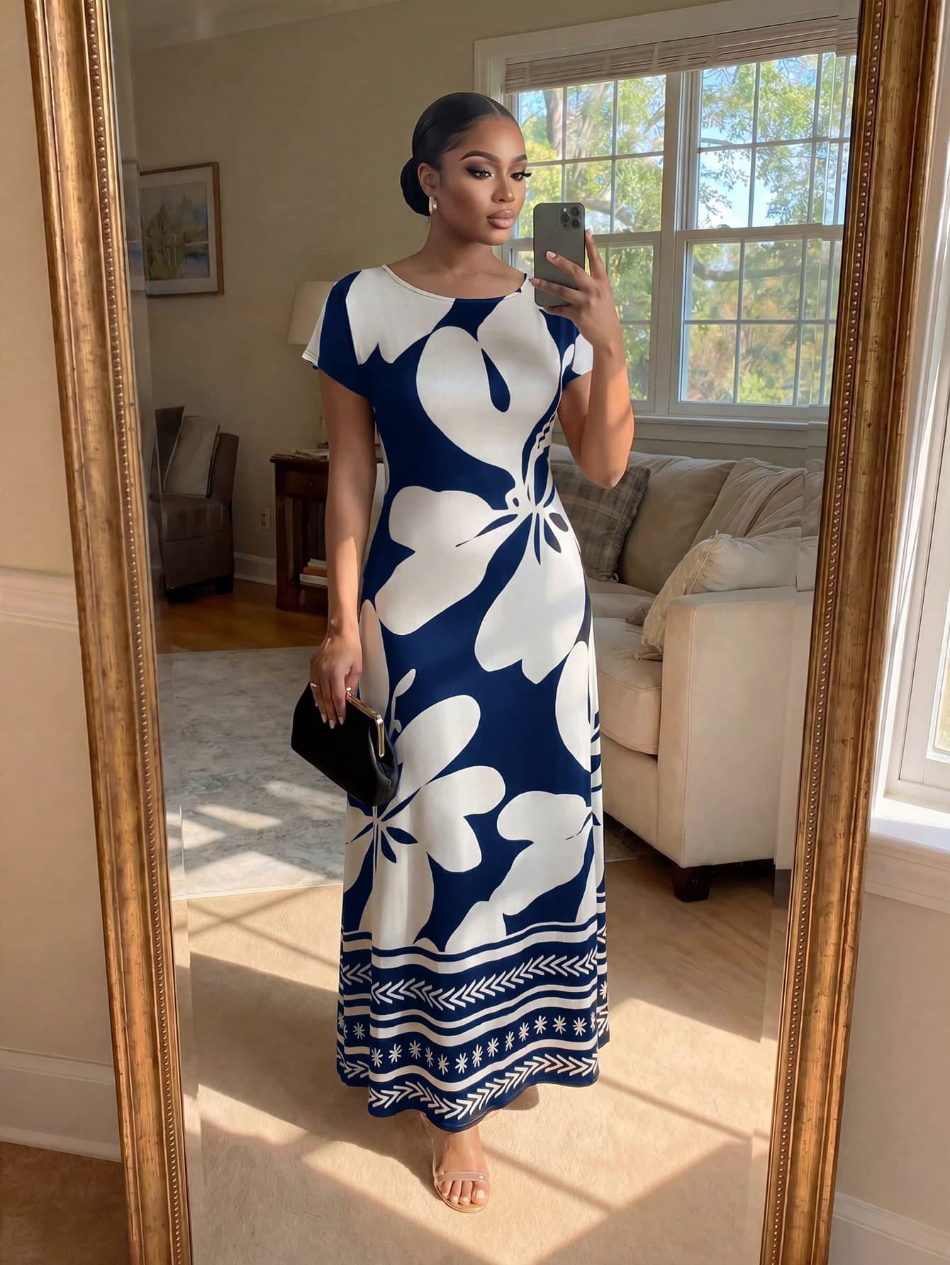SHEIN Lady CURVE Plus Size Women's Floral Print Round Neck Short Sleeve Fitted Elegant Dress Wedding Guest Navy Blue Summer