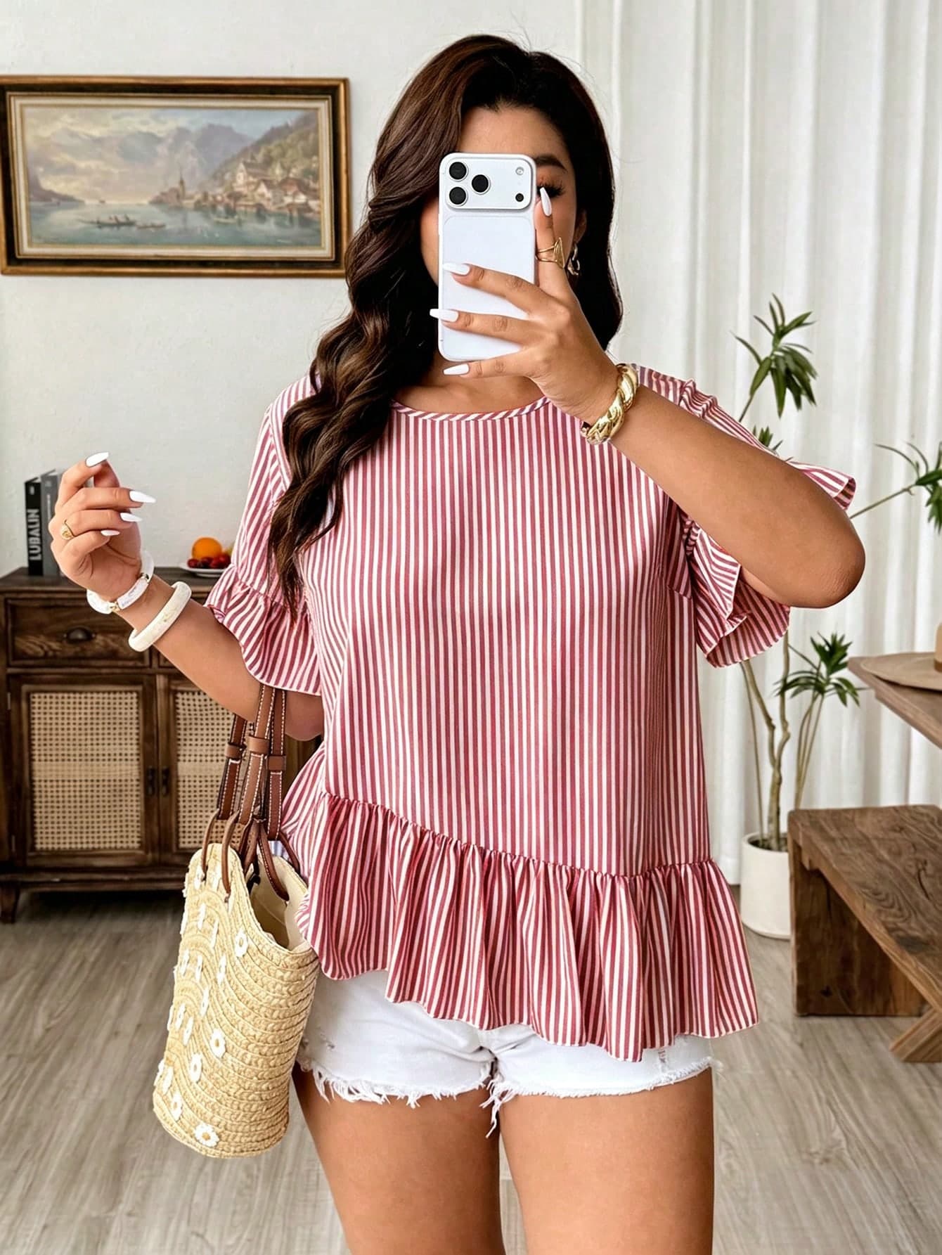 Weeklong Plus Size Women's Round Neck Ruffle Sleeve Asymmetrical Hem Casual Loose Blouse, Summer Outfit
