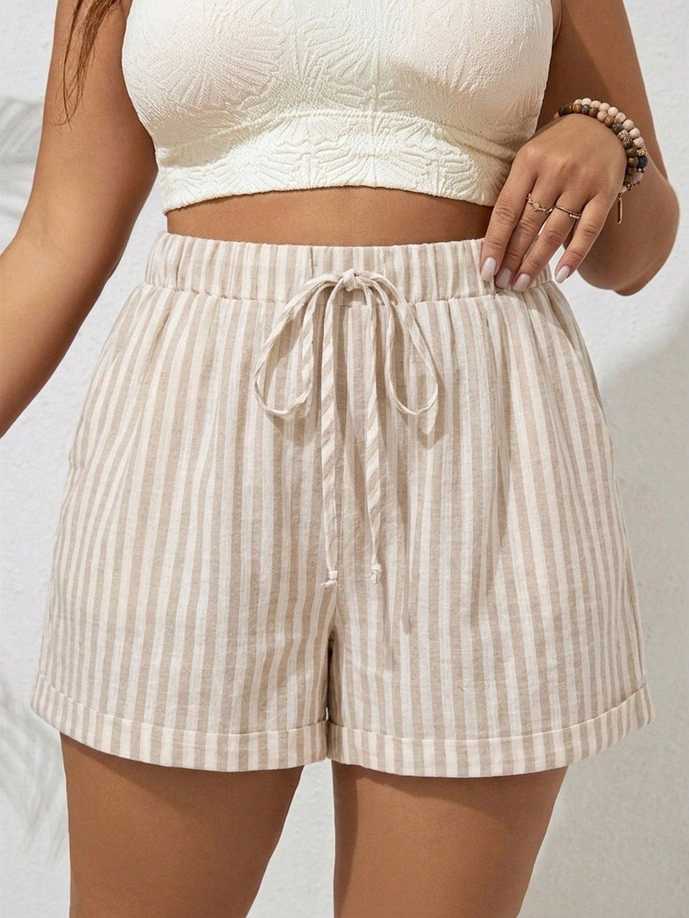 Freevana Plus Size Women's Drawstring Comfortable Striped Pants, Suitable For Beach Vacation, Airport Casual, Summer Travel And Other Occasions, Apricot Casual Pants Suitable For Summer