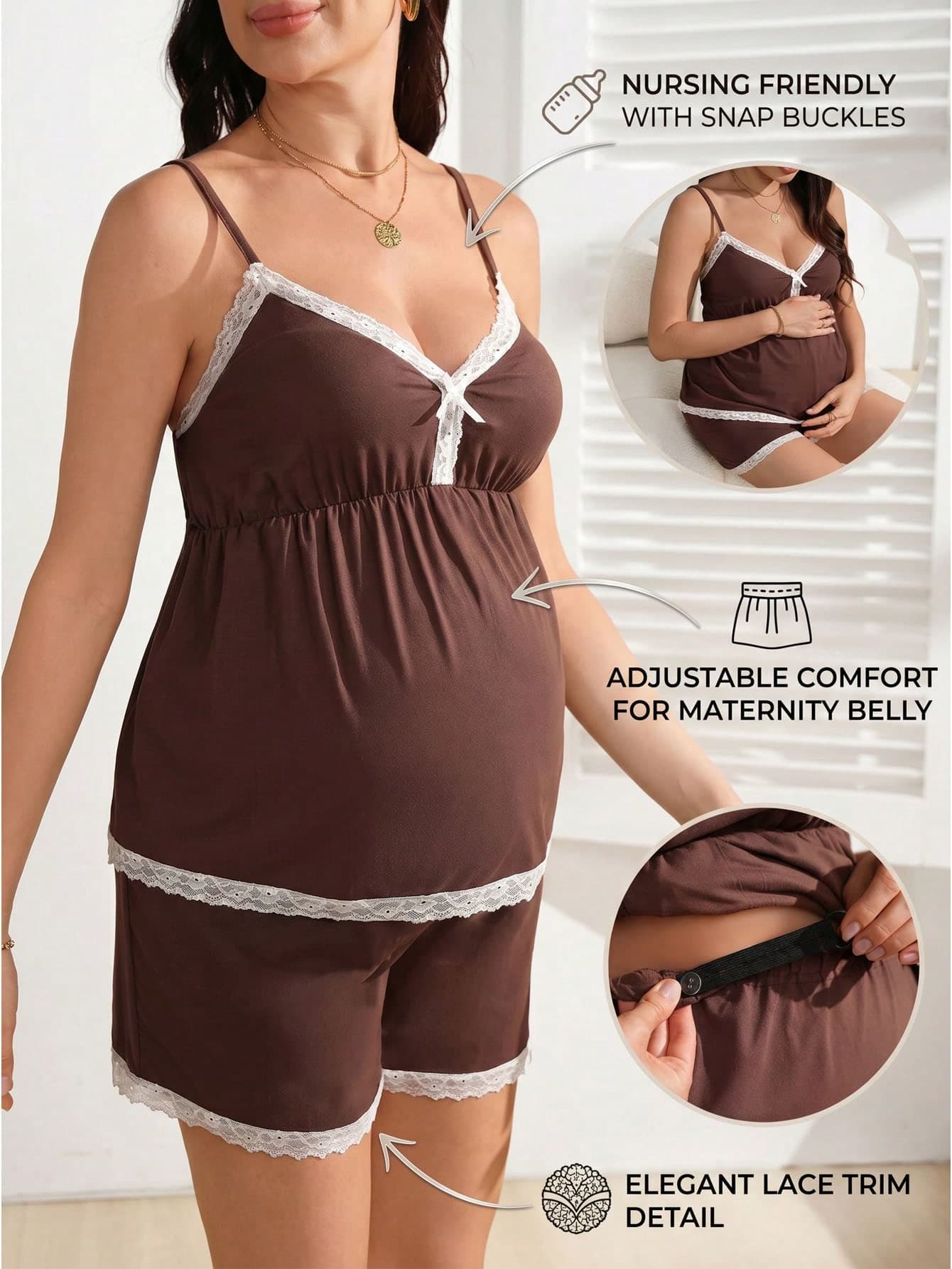 SHEIN Maternity Contrast Lace Bow Decor Camisole And Shorts 2 Pieces Set, Summer Lounge Casual