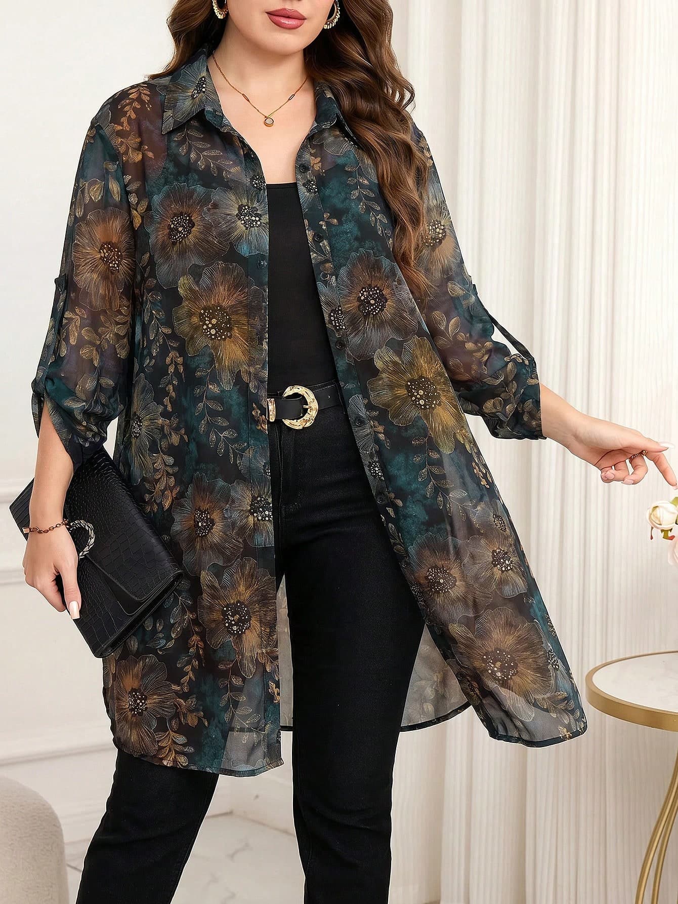 Reflora Plus Size All-Over Print Casual Versatile Daily Wear Shirt