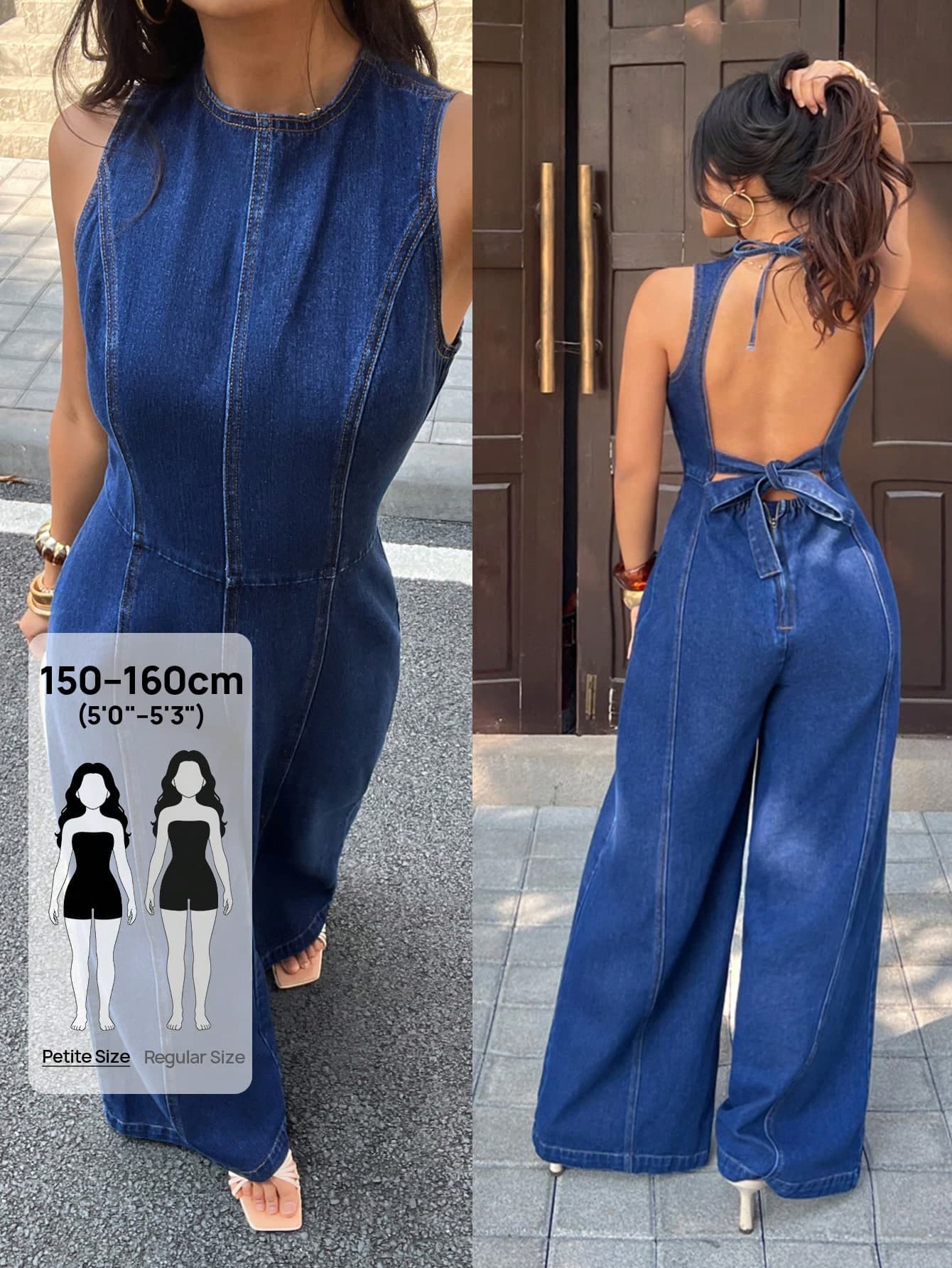 SHEIN PETITE Women's Solid Color Round Neck Backless Sleeveless Denim Jumpsuit ,Petite Women