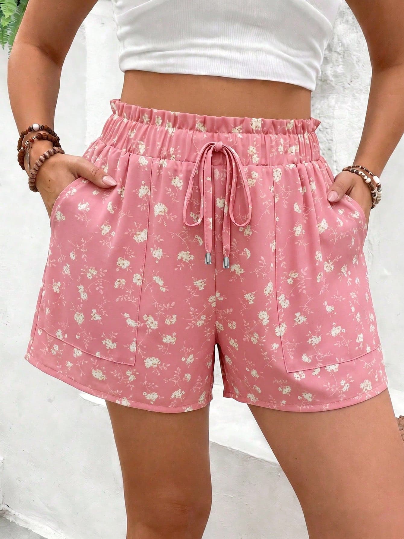 Breezaya Women's Elegant Casual Floral Ruffle Waist Shorts