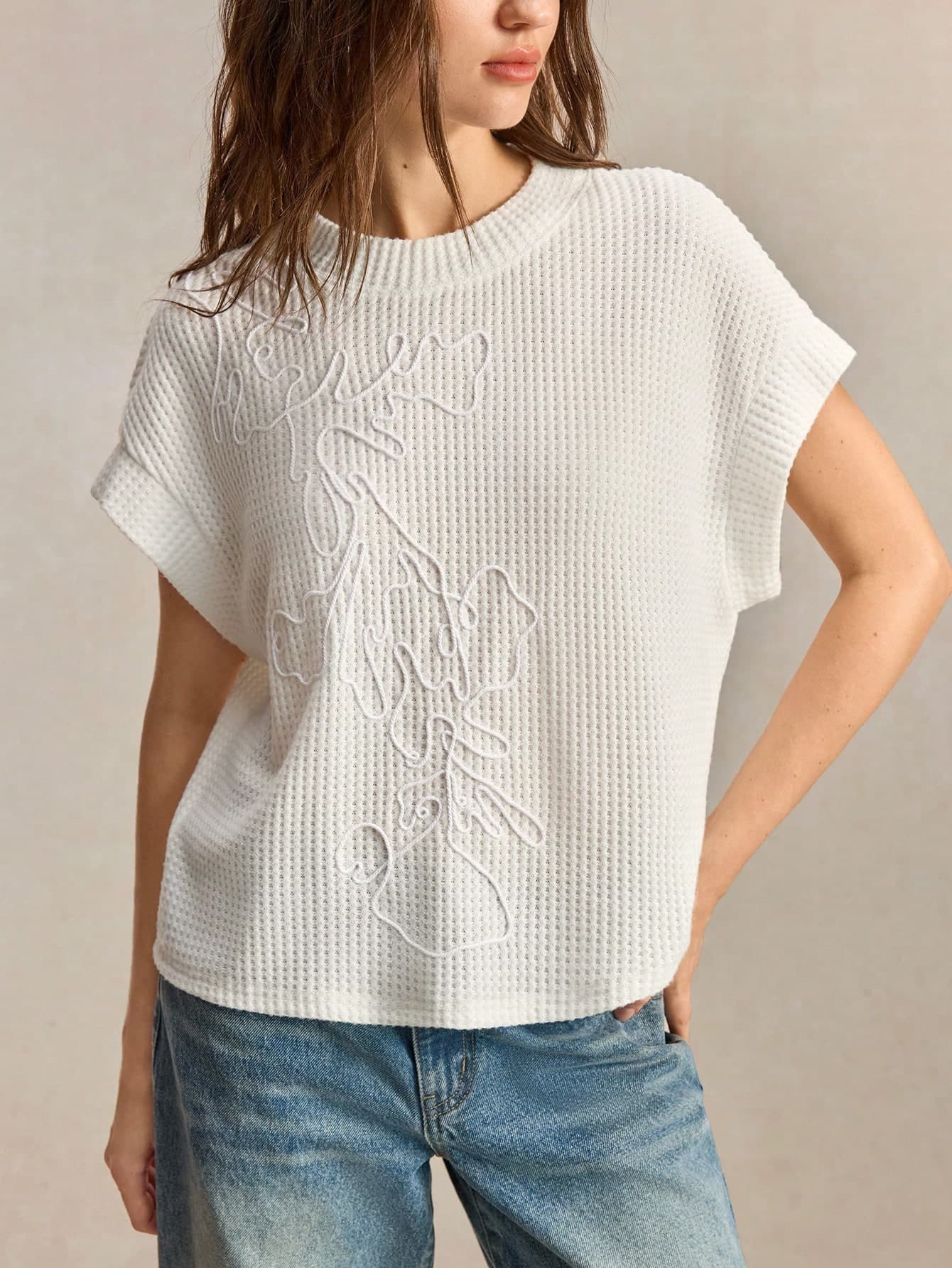 BizChic White Waffle Texture Knit T-Shirt With Rope Embroidery, Cap Sleeves, Elegant Sexy French Vintage Business Casual Commute Date Vacation Halloween Back To School Party Birthday Office Slimming Elegant Versatile Summer Autumn Casual Sporty Daily Wedding Guest Special Occasion Outing Beach Gathering Formal Vacation Street Style Luxury Minimalist
