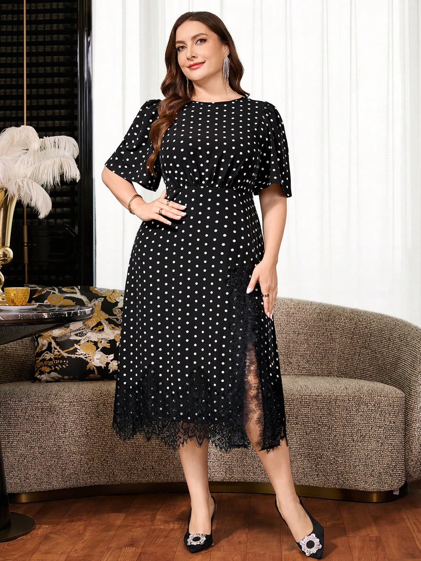 Reflora Plus Size Women Polka Dot Print Round Neck Short Sleeve Lace Hem Elegant Dress