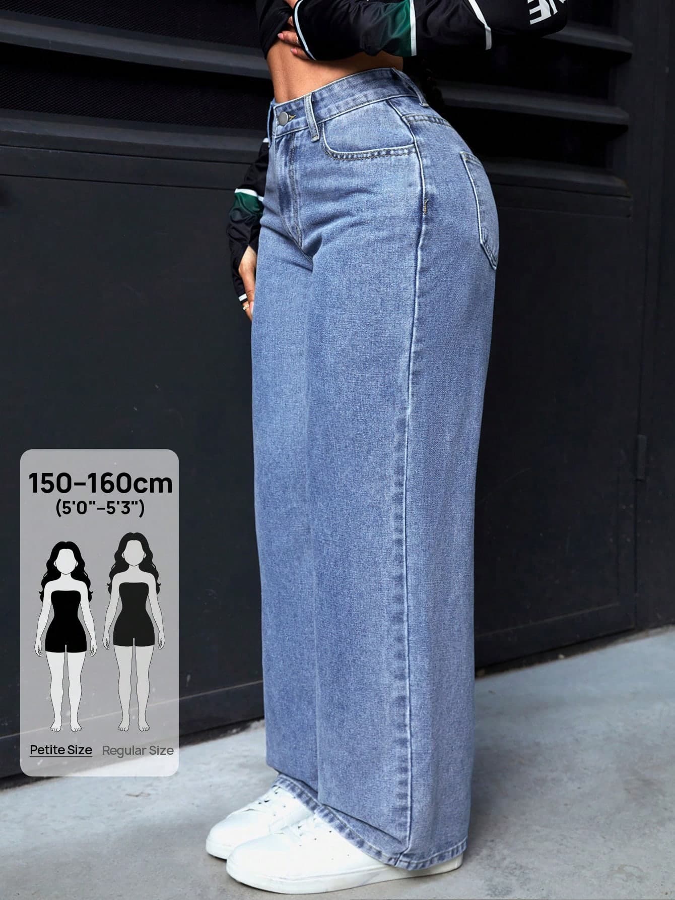 SHEIN PETITE Women's High Waist Pocketed Wide Leg Loose Casual Versatile Jeans ,Petite Women