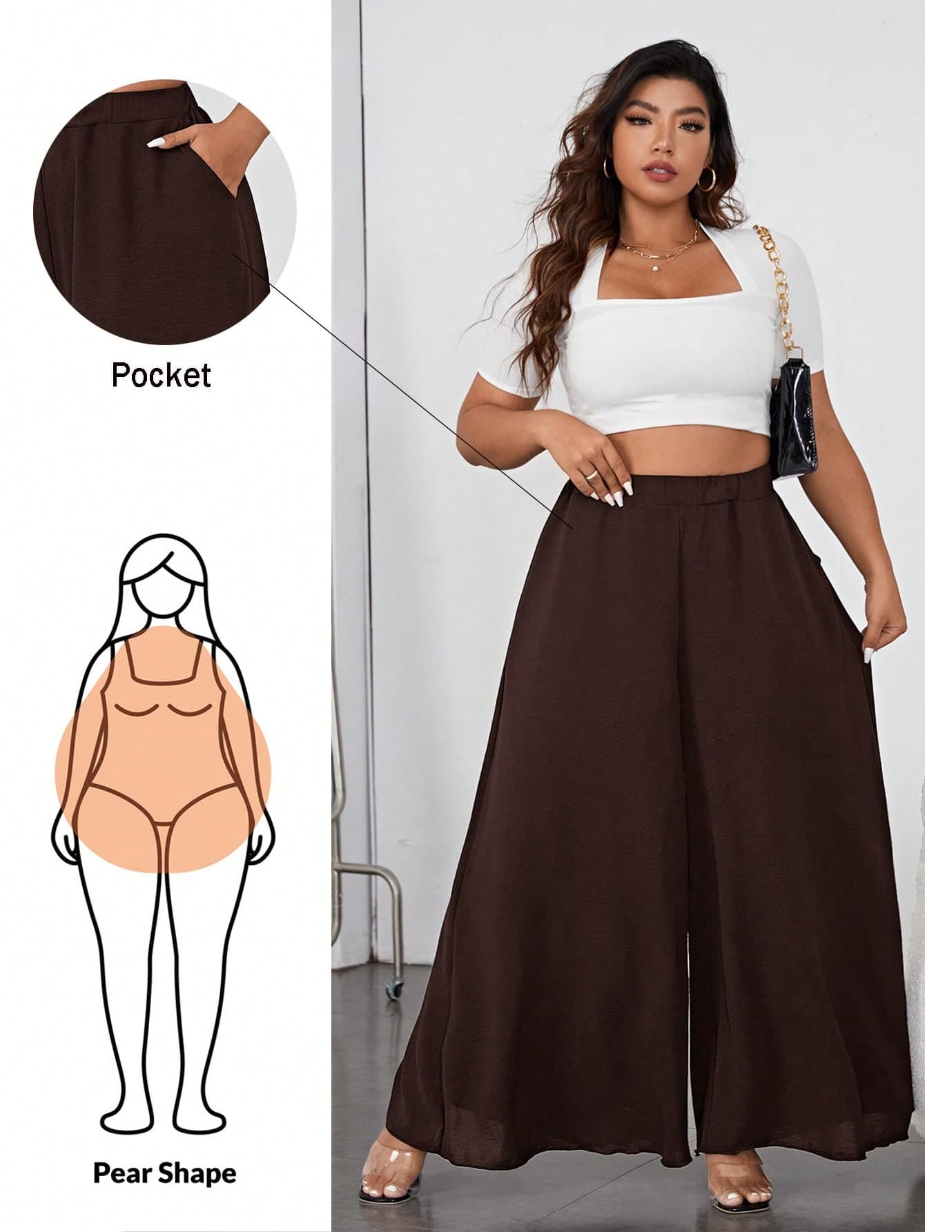 Shapeblank Plus Size Solid Color Slant Pocket Casual Loose Wide Leg Pants Comfy For Women Brown Summer Fall