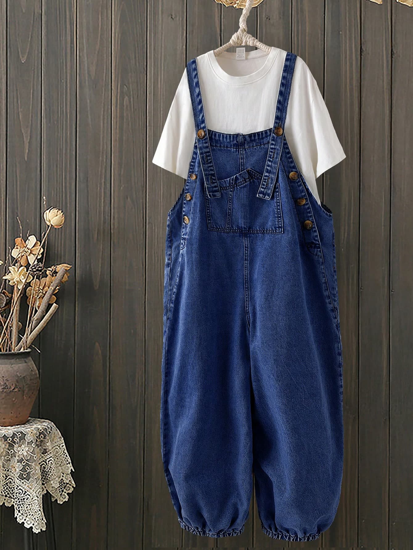 EMERY ROSE EMERY ROSE Women's Button Design Pocket Wide Leg Denim Overalls Jumpsuits For Women Rompers For Women Summer Overalls For Women Jumpers And Rompers Women