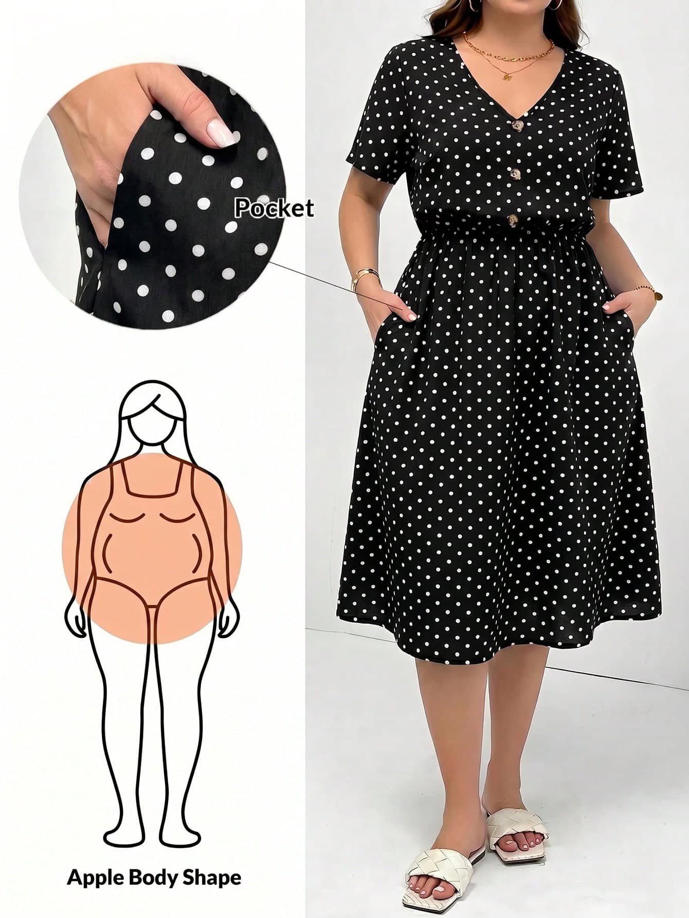 Shapeblank Plus Size Women V-Neck Polka Dot Casual 90s Party Brunch Travel Dress Black And White Summer