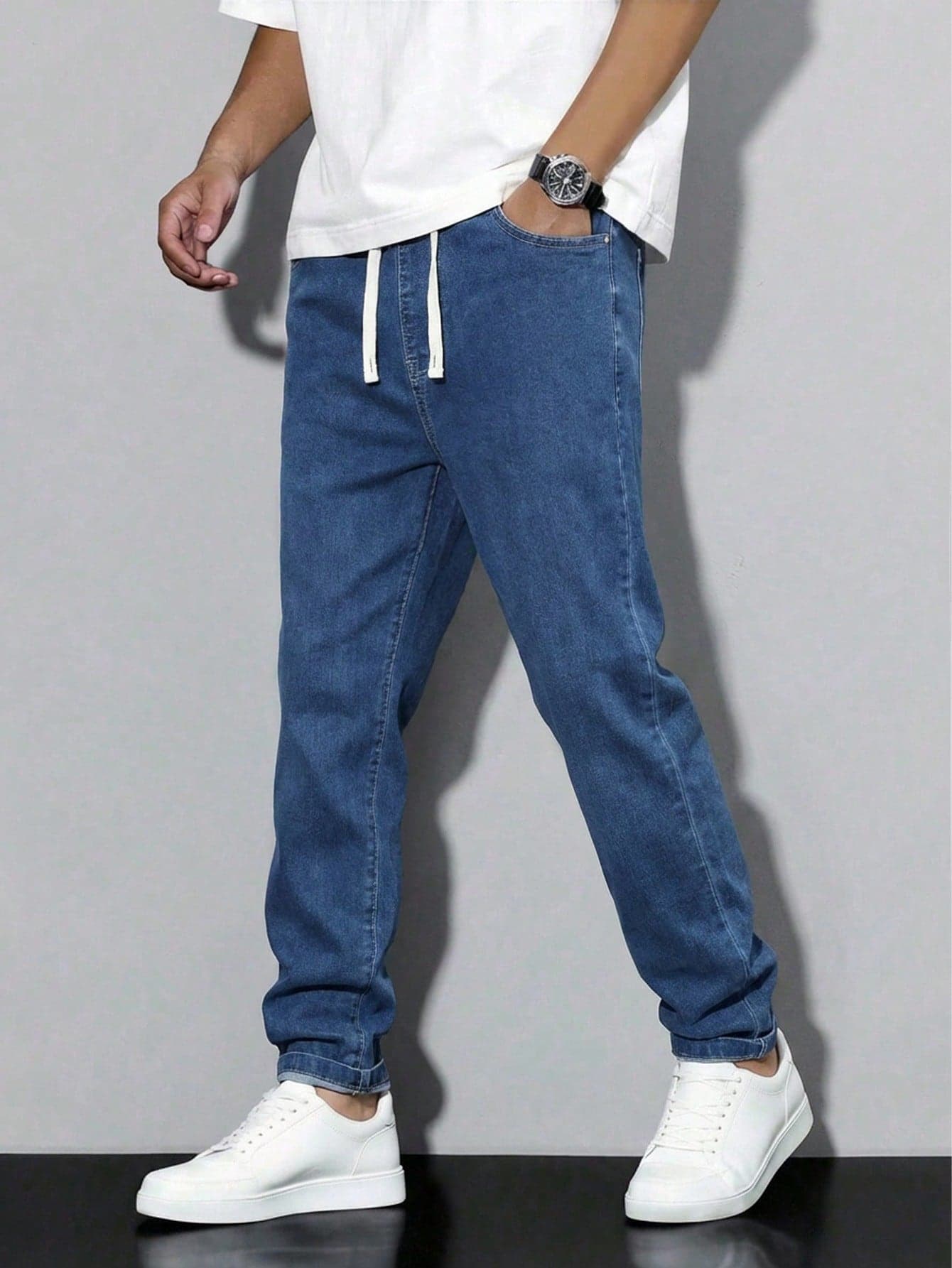 SHEIN Mirajuku Teen Boy Elastic Waist Drawstring Slim Fit Stretchy Light Gray Jeans,Versatile Casual Comfortable School Campus College Chic Graduation Autumn/Winter
