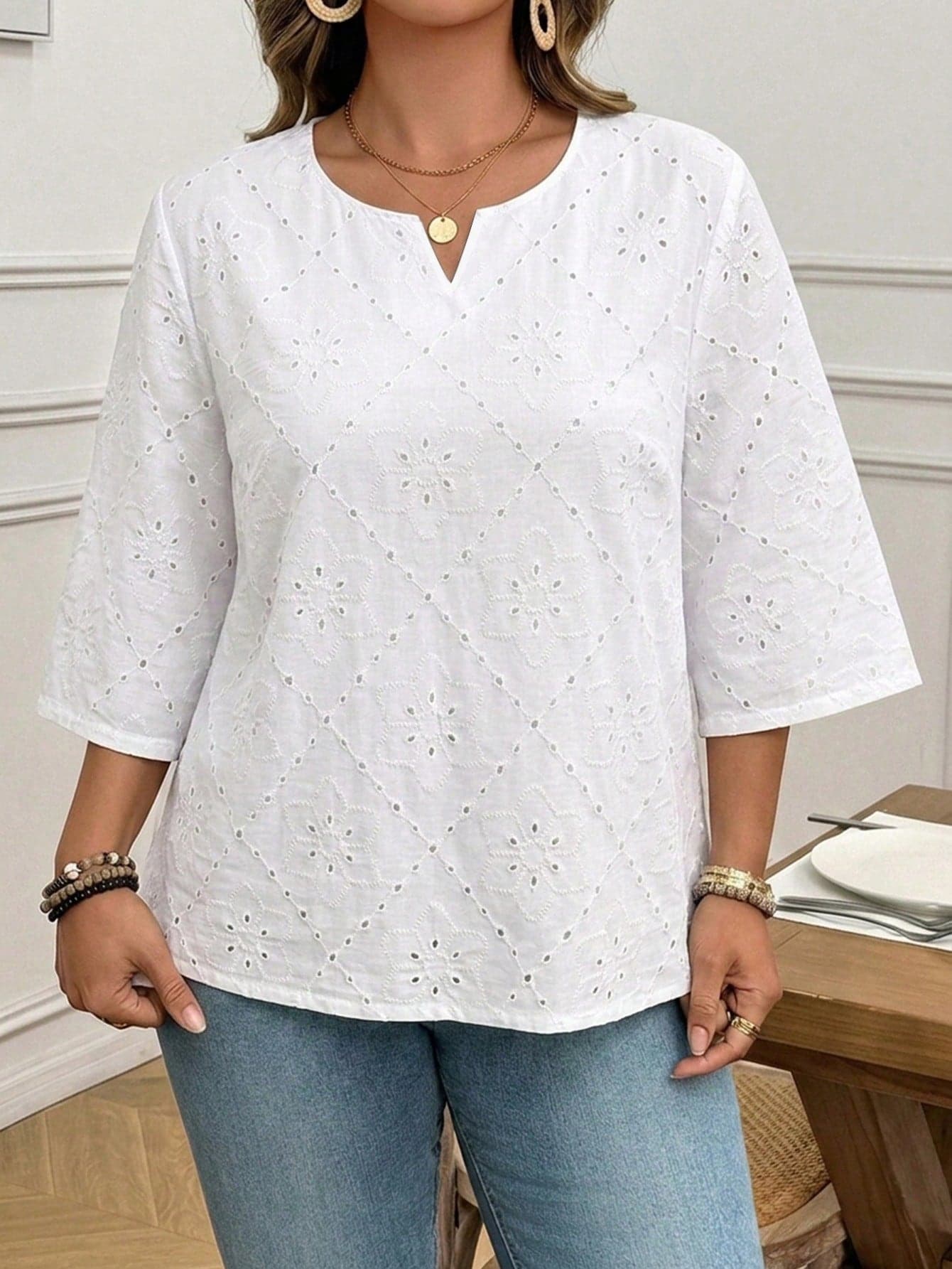SHEIN LUNE Plus Size Casual Solid Color Hollow Out Embroidery Blouse, Summer Holiday & Wedding Season New Beach Wear For Women