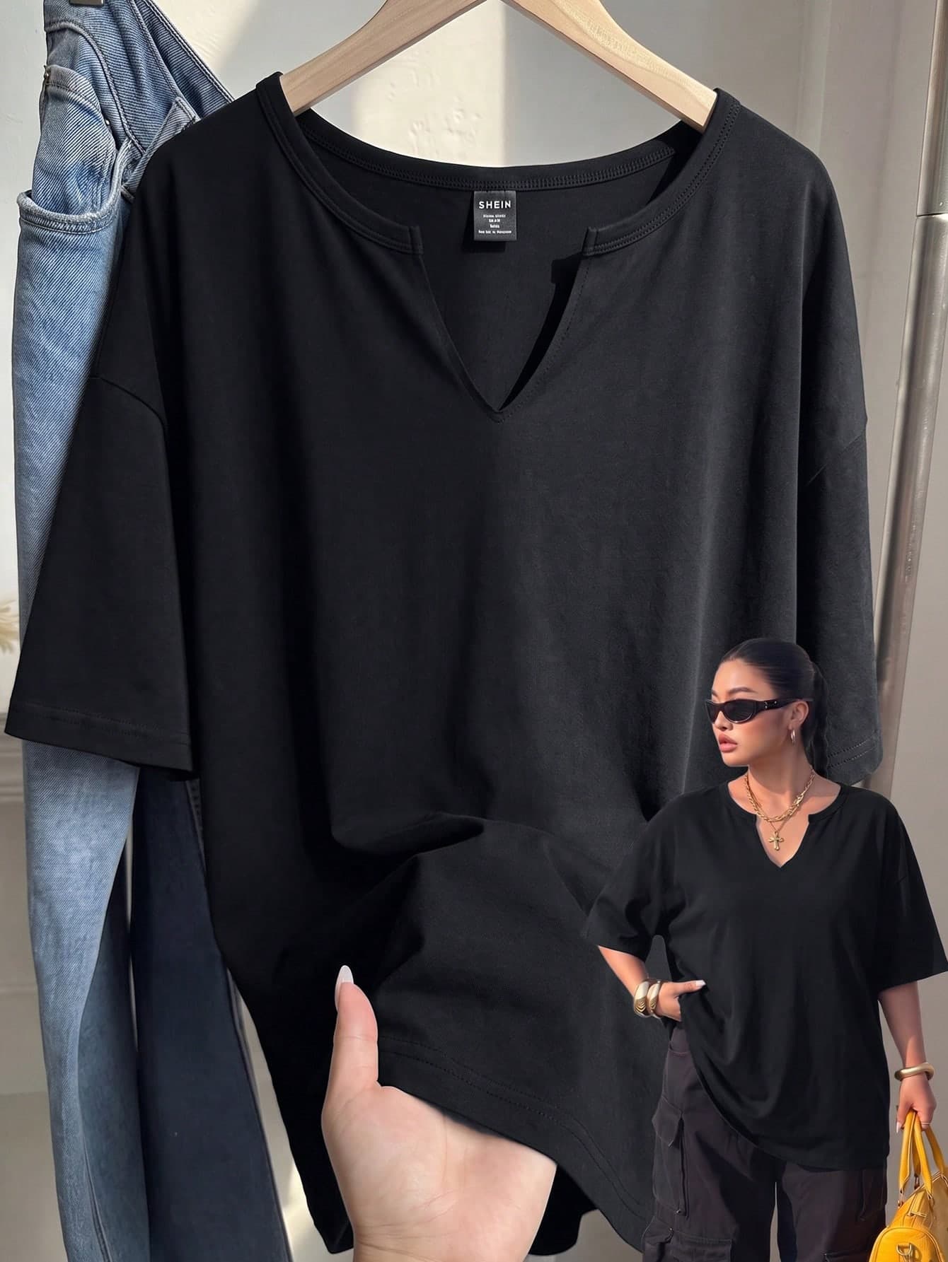 Muchica Plus Size Women's Solid Color Notch V-Neck Short Sleeve Casual Streetwear T-Shirt Office Black Summer