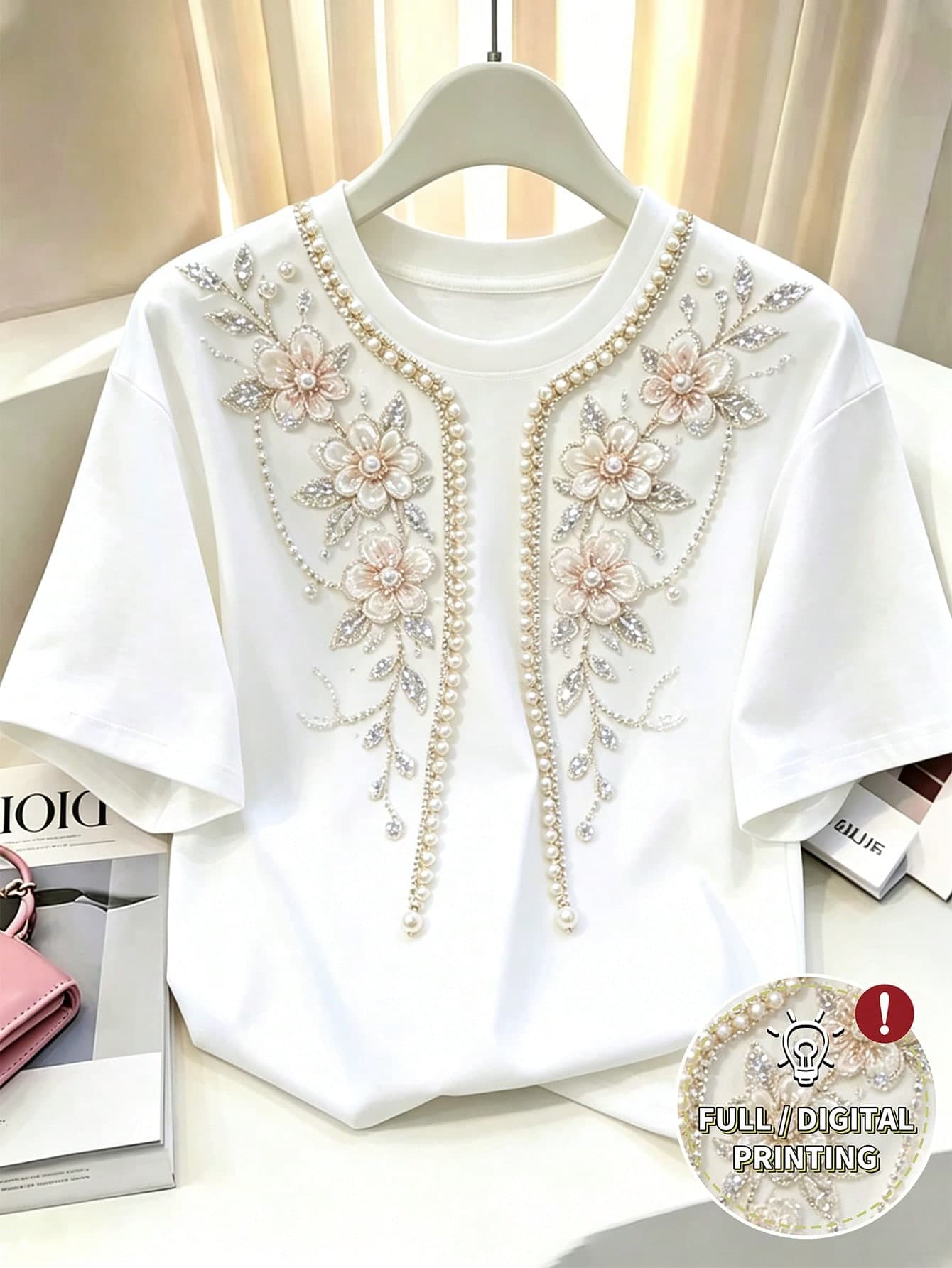 Womens White Plus Size Crew Neck Short Sleeve T-Shirt Pearl Rhinestone Floral Digital Print Spring Autumn Elegant Casual Style Daily Outing Vacation