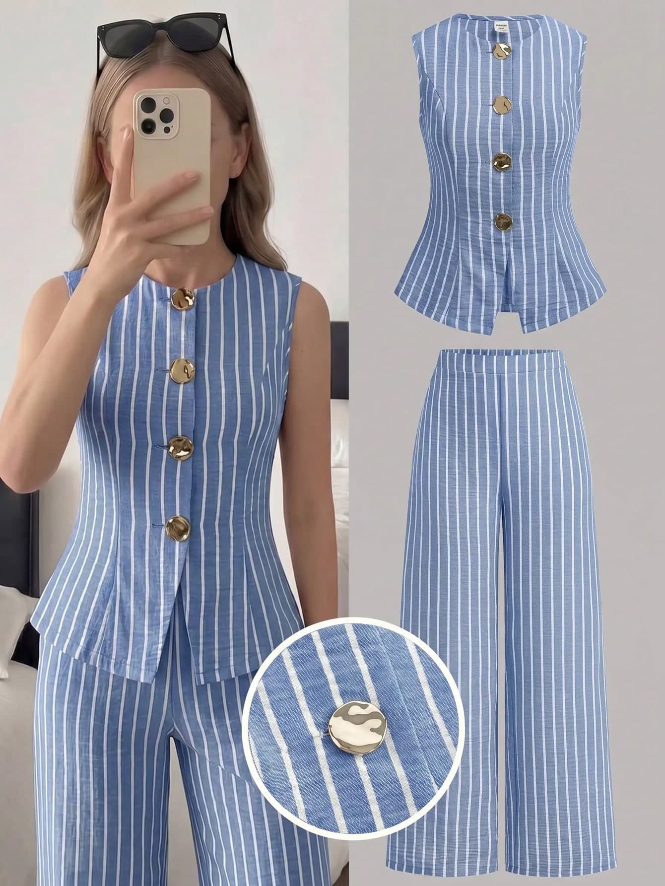 Girlism Kids Teen Girls Tank Top Co-Ords Spring/Summer New Fresh Blue & White Striped Woven Sleeveless Vest & Long Pants Set, Metal Button Closure, Elegant Vintage Commute Outfit, Casual Vacation, Outing Shopping Party