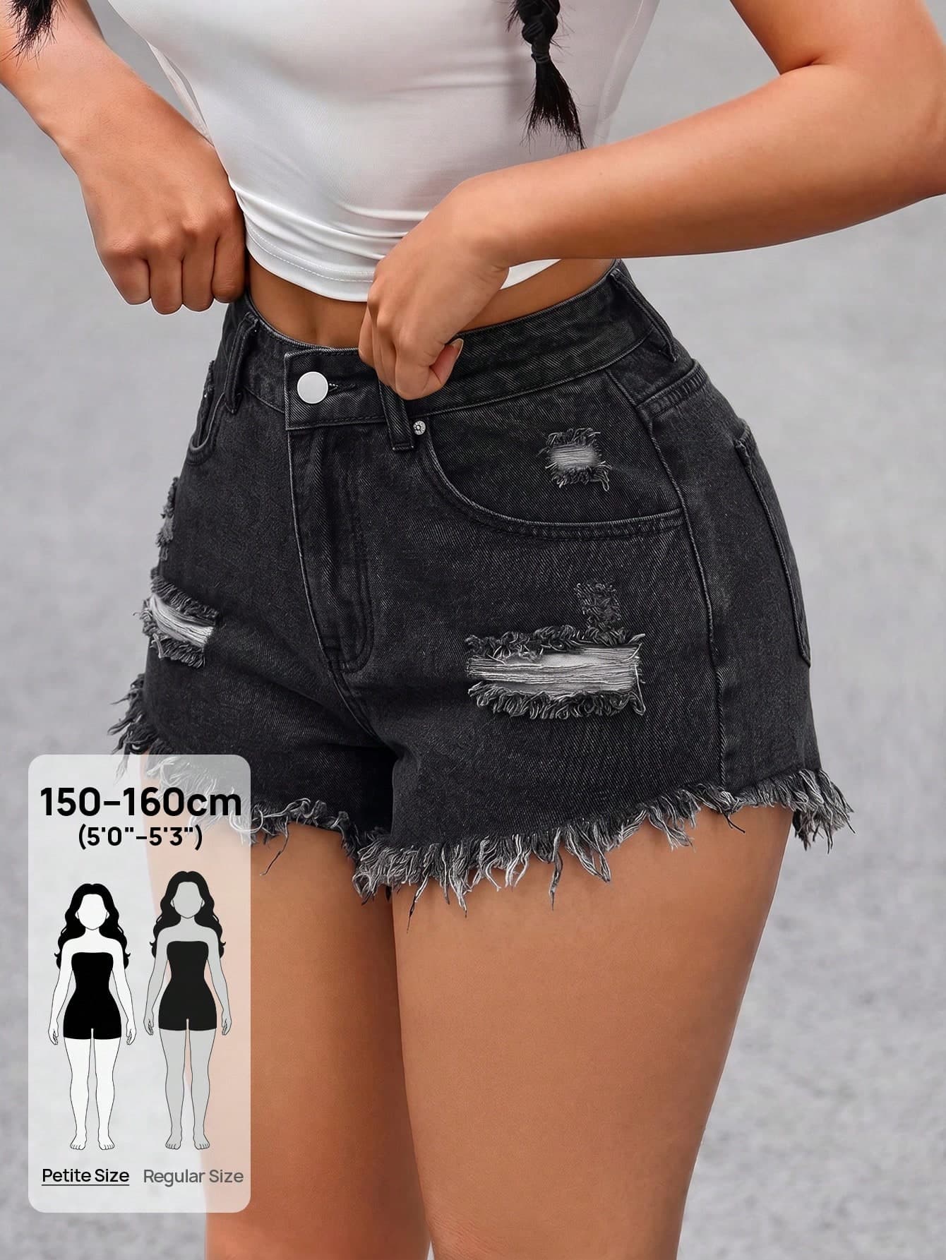 SHEIN PETITE Women's Casual Distressed Denim Shorts, Summer ,Petite Women