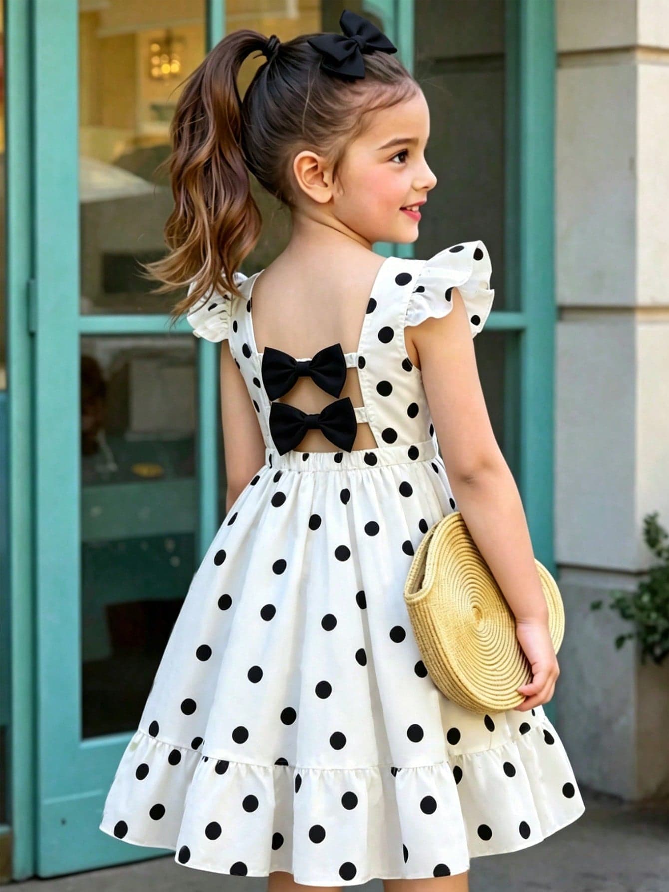 Elladie kids Girls' Elegant Polka Dot Print Round Neck Flutter Sleeve Back 3D Bow Waist-Cinching Ruffle Fashion Dress Travel White Birthday Girl Princess