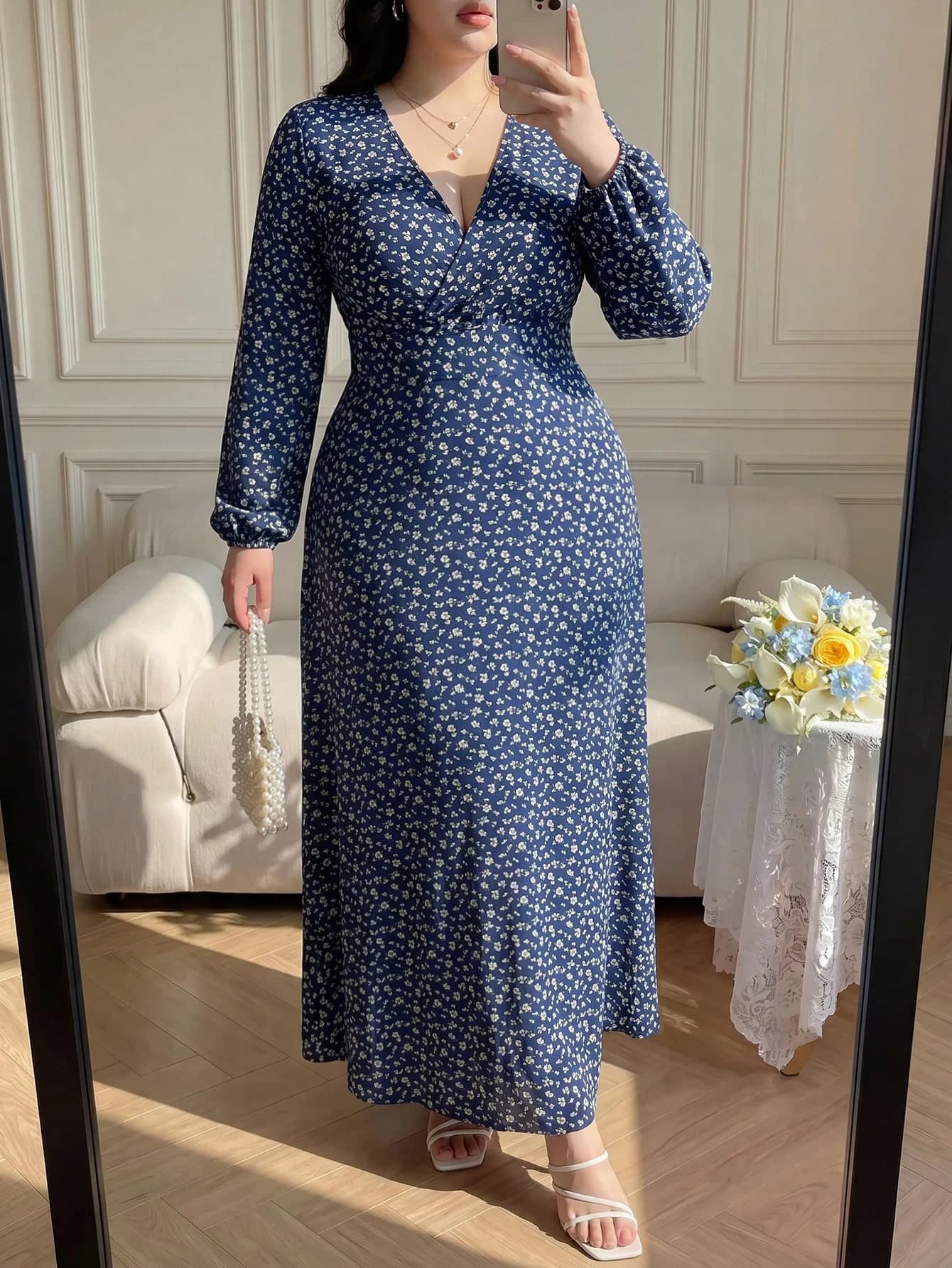 Vibekara Women's Plus Size Autumn/Winter Navy Blue Floral V-Neck Lantern Sleeve Cinched Waist A-Line Long Dress, Elegant Romantic Vintage, Suitable For Shopping, Dating And Daily Wear