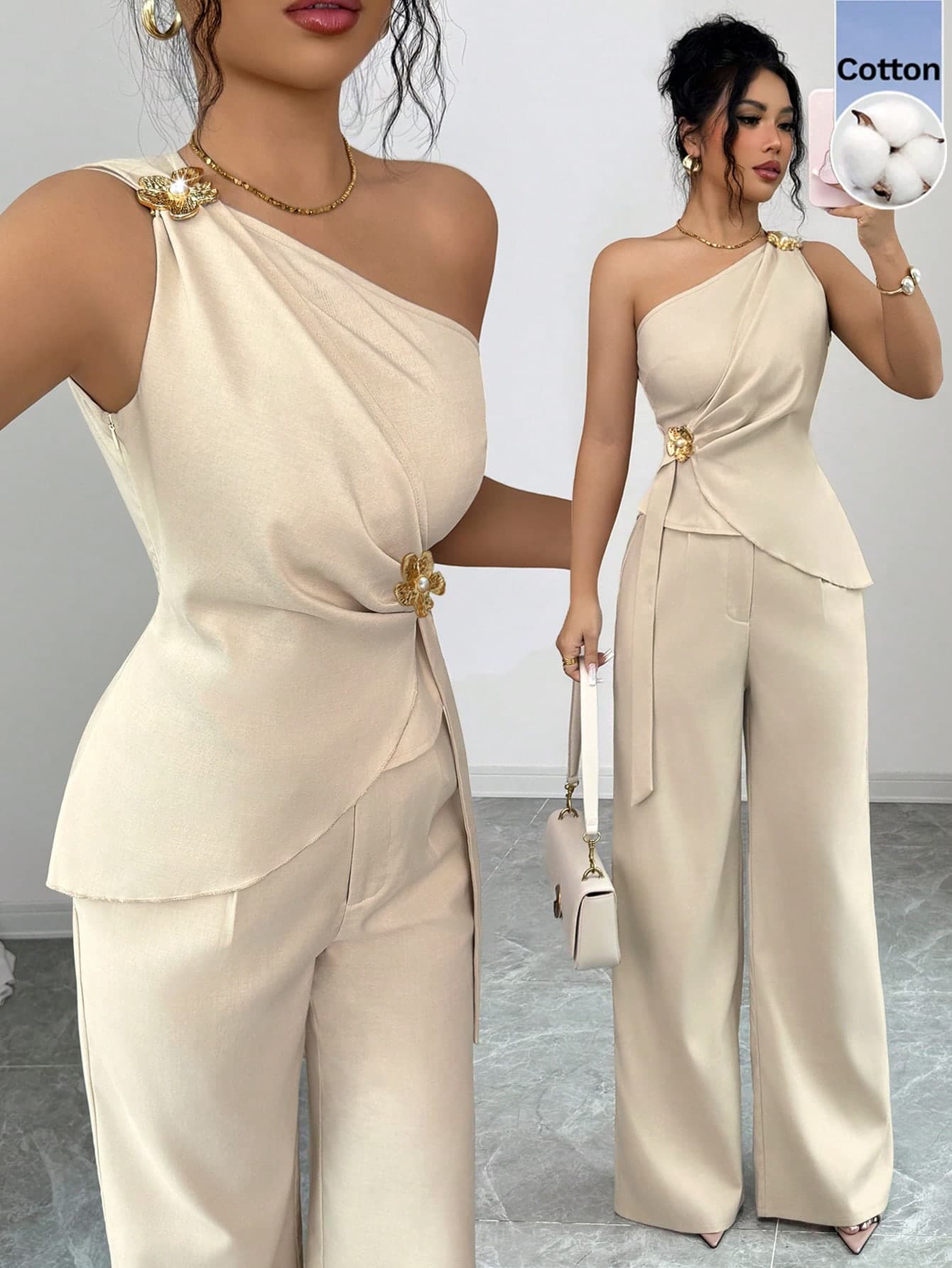 Selianne Sexy Style Asymmetrical Shoulder Tank Top 2 Pieces Set For Women