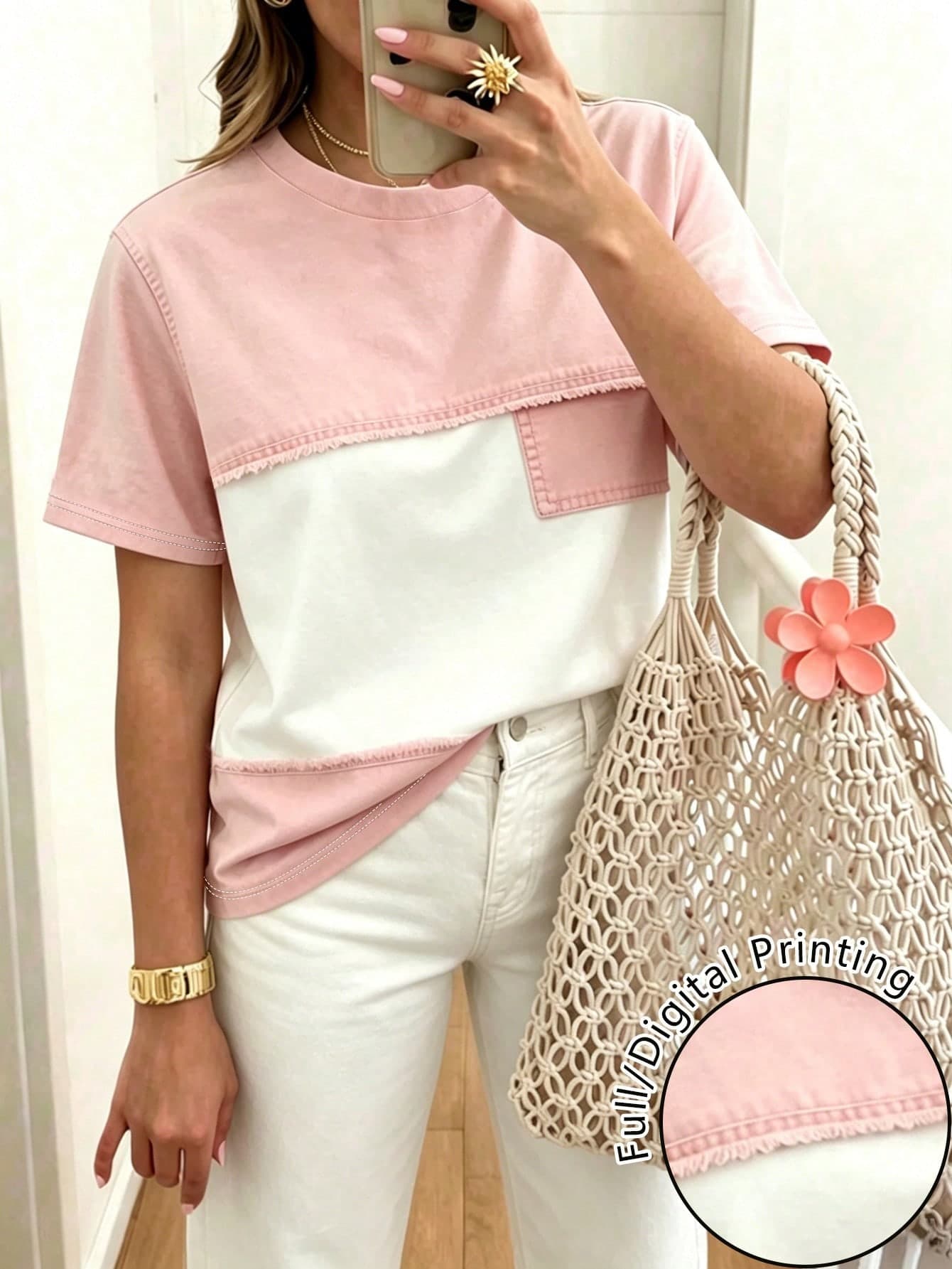 DrmWander Women's Faux Denim Casual T-Shirt, Perfect For Vacation Outfits And Summer Beach Holidays.