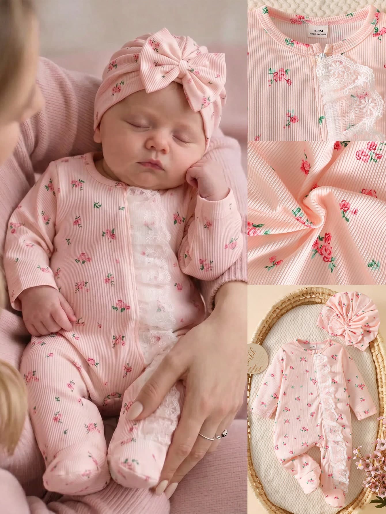 SHEIN Newborn Baby Girl Autumn/Winter Baby Pink Romper + Bow Hat Set, Round Neck Long Sleeve Footed Jumpsuit, Ditsy Floral, Coming Home Cute Kawaii