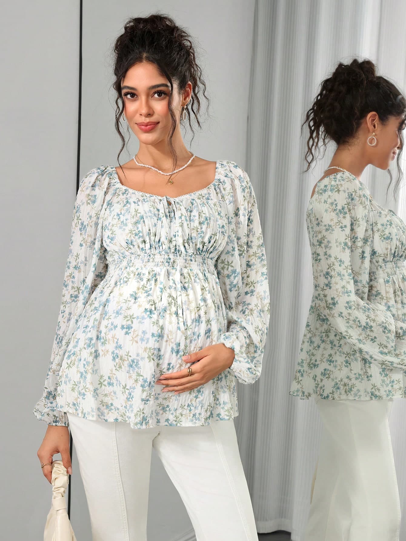 SHEIN Fresh Blue & White Ditsy Floral Maternity Top, Square Neck With Tie Waist And Shirred Design, Loose Puff Long Sleeves, Skin-Friendly Fabric, Belly-Covering Slimming Fit Without Waist Constriction, Versatile Everyday Maternity Wear