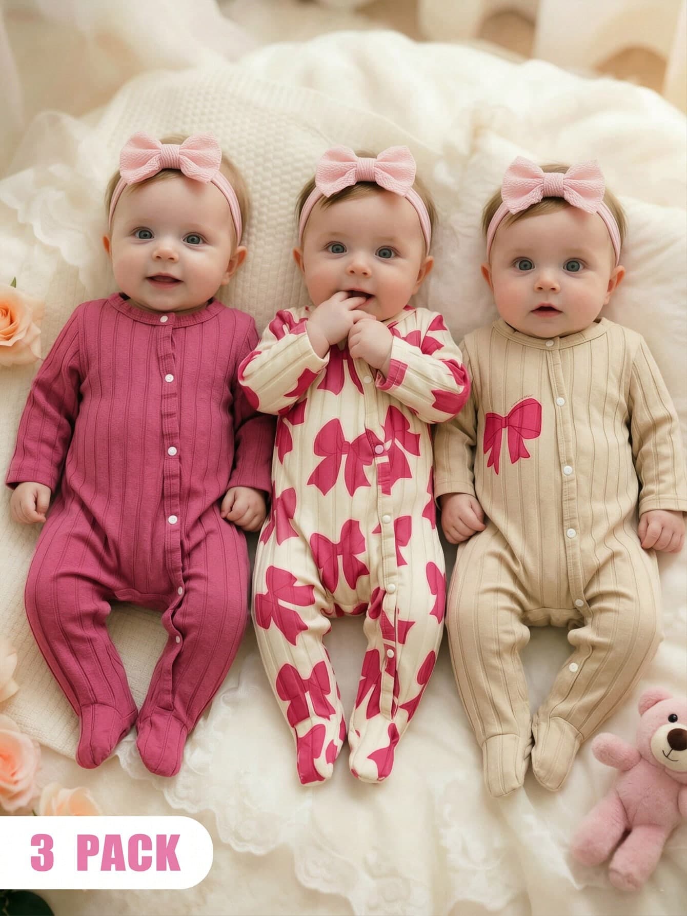 SHEIN Newborn Baby Girl 3-Piece Set Sweet Pink Knitted Romper, All-Over Bow Pattern, With Bow & Letter Print, Bow Decoration, Long Sleeve Design, Snap Closure, Parent-Child Matching Outfit