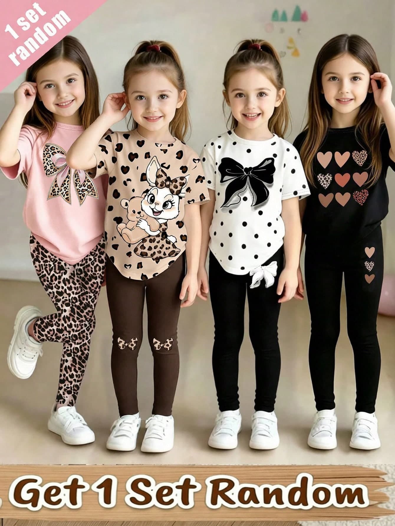 (Random 4 Sets,Send 1 Set)1 Set Spring Summer Autumn Girls Creative Refreshing Leopard Print Black Bow Nine-Grid Leopard Gradient Heart Kawaii White Cat Pattern Casual Basic Short T-Shirt And Leggings Set Sets