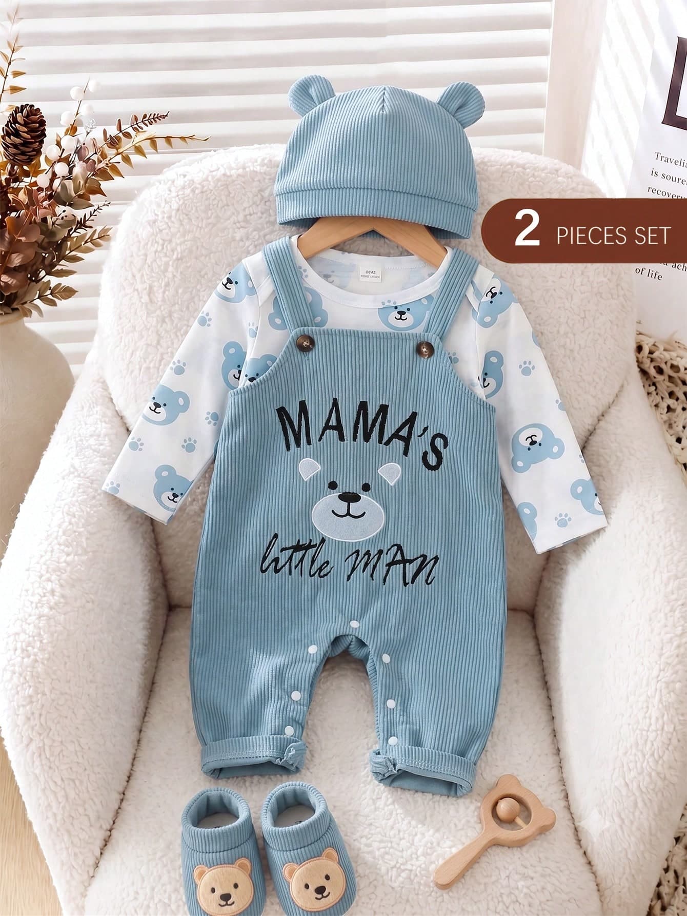 SHEIN 2pcs Baby Boy Toddler Infant Cute Bear Graphic Print Long Sleeve Ribbed Romper Overalls Jumpsuit Soft Clothes Outfit Sets School Vacation Fall Spring