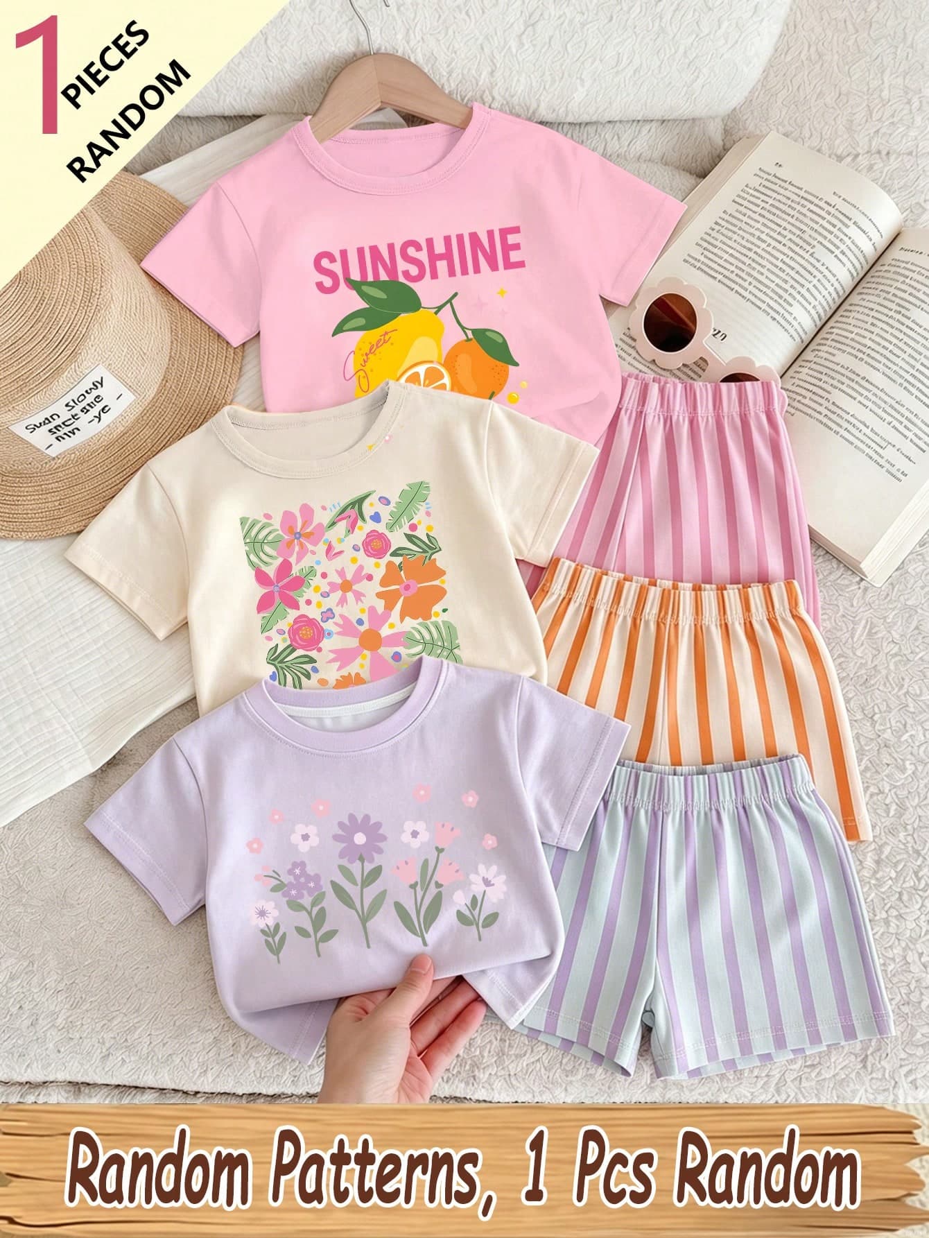Souflis Souflis (Random 3 Pcs,Send 1 Pc)Girls Casual Fashion Cartoon Yellow Lemon Colorful Floral Design Pink Letter Slogan Pattern Basic Short T-Shirt