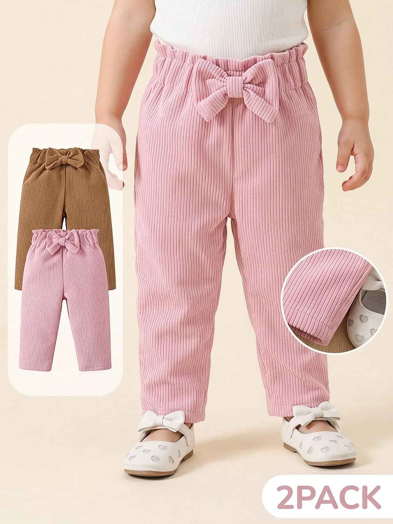 SHEIN Vintaside Kids Baby Girl Corduroy Long Pants With Bow, Fashionable Casual Trousers For Autumn, Spring, All Seasons, Outdoor Wear, Stylish Matching Pants For Infant Girls