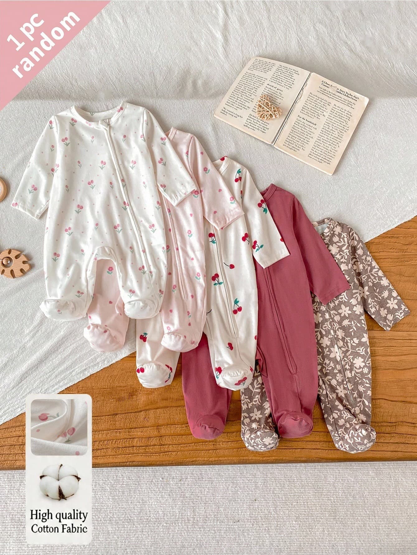 SHEIN 5pcs Randomly Sent 1pc Newborn Baby Girl Romper Set, White, Deep Purple, Pink, Apricot, Autumn/Winter, Soft Comfortable Thin Romper, Exquisite Cute Cherry Blossom Floral Print, Casual Minimalist Zipper Long Sleeve Footed Bodysuit, Home Wear