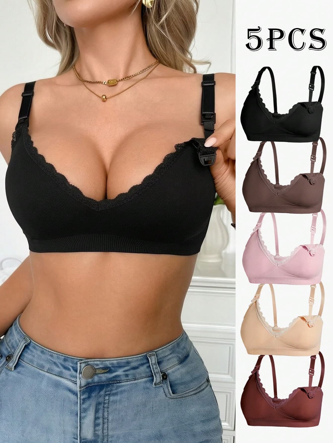 Moonlight&Mama 5pcs Women's Best-Selling Fashion Comfortable Minimalist Solid Color High-Cost-Performance High-Quality Maternity Nursing Bras
