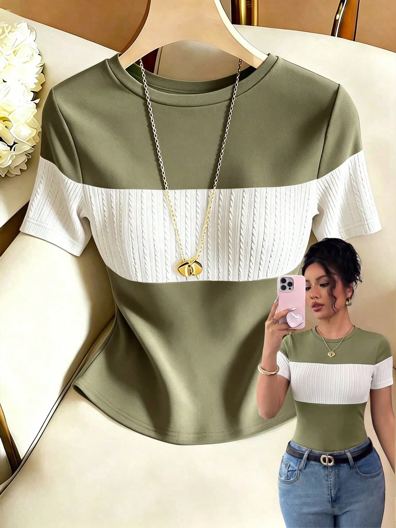 Franclia Women's Contrast Color Elegant Round Neck Short Sleeve Casual Knit T-Shirt, Women's Outing Top, Women's Commute Outfit, Women's Office Wear, Women's Casual Top, Black Top, Women's Elegant Top, Summer Top