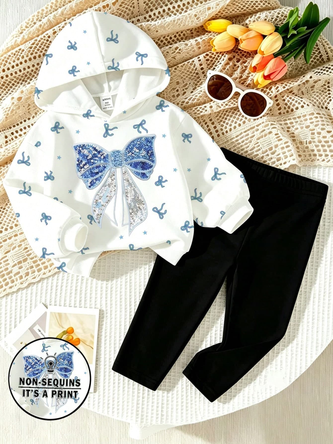 Baby Girl Autumn/Winter Casual Full Print Blue Bowknot Print Hoodie Sweatshirt And Black Leggings Set, Suitable For Daily, Outdoor, Sports, Street, Party And Family Wear