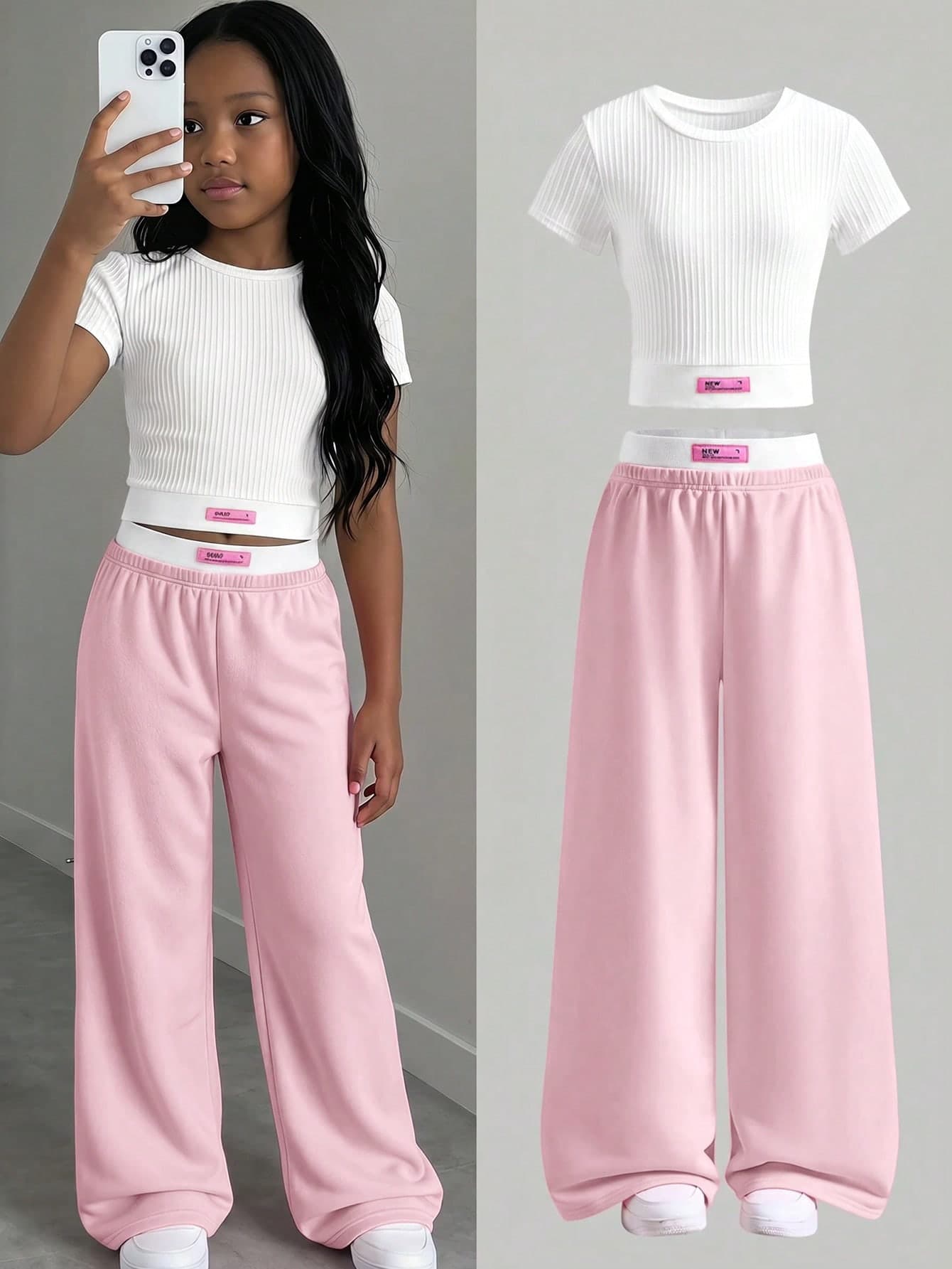 SHEIN Tween Girl Casual All-Match Versatile Home Wear Nordic Style Comfortable Knit Round Neck Sleeveless Cropped Tank Top + Contrast Color Double Waistband Sweatpants Long Pants Set