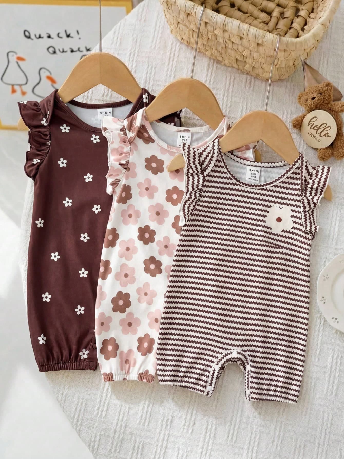 3pcs/Set Newborn Baby Girls' Cute Floral Graphic Round Neck Short Sleeve T-Shirts,All Shades Of Brown,Summer,Family Matching,Stripe,Casual Daily Wear