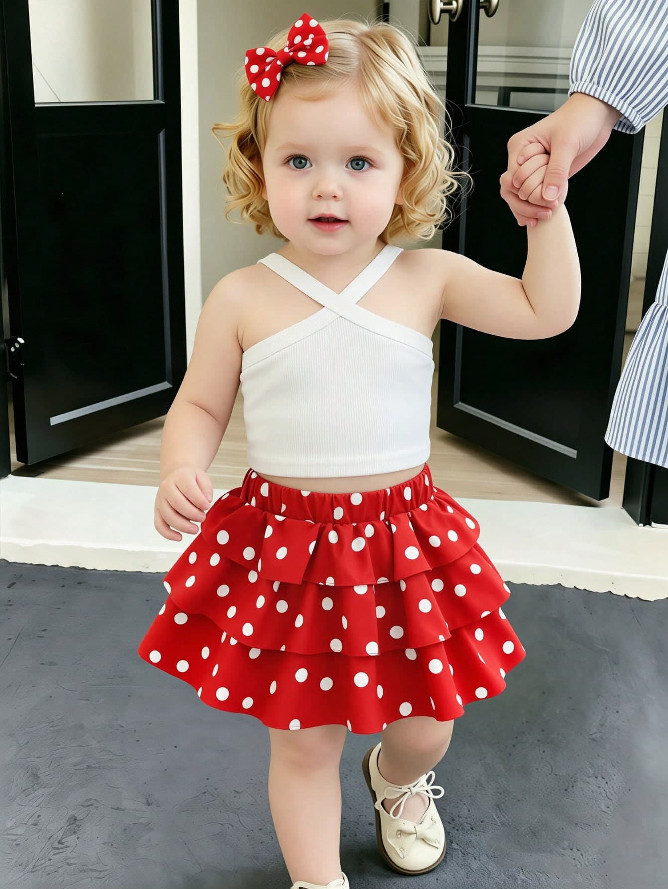 Souflis Souflis 2026 Summer New Girls Red & White Polka Dot Cake Dress Set, Cross Strap Design Sweet & Cool Style 2 Pieces Set, Korean Style Elegant Vacation Princess Dress
