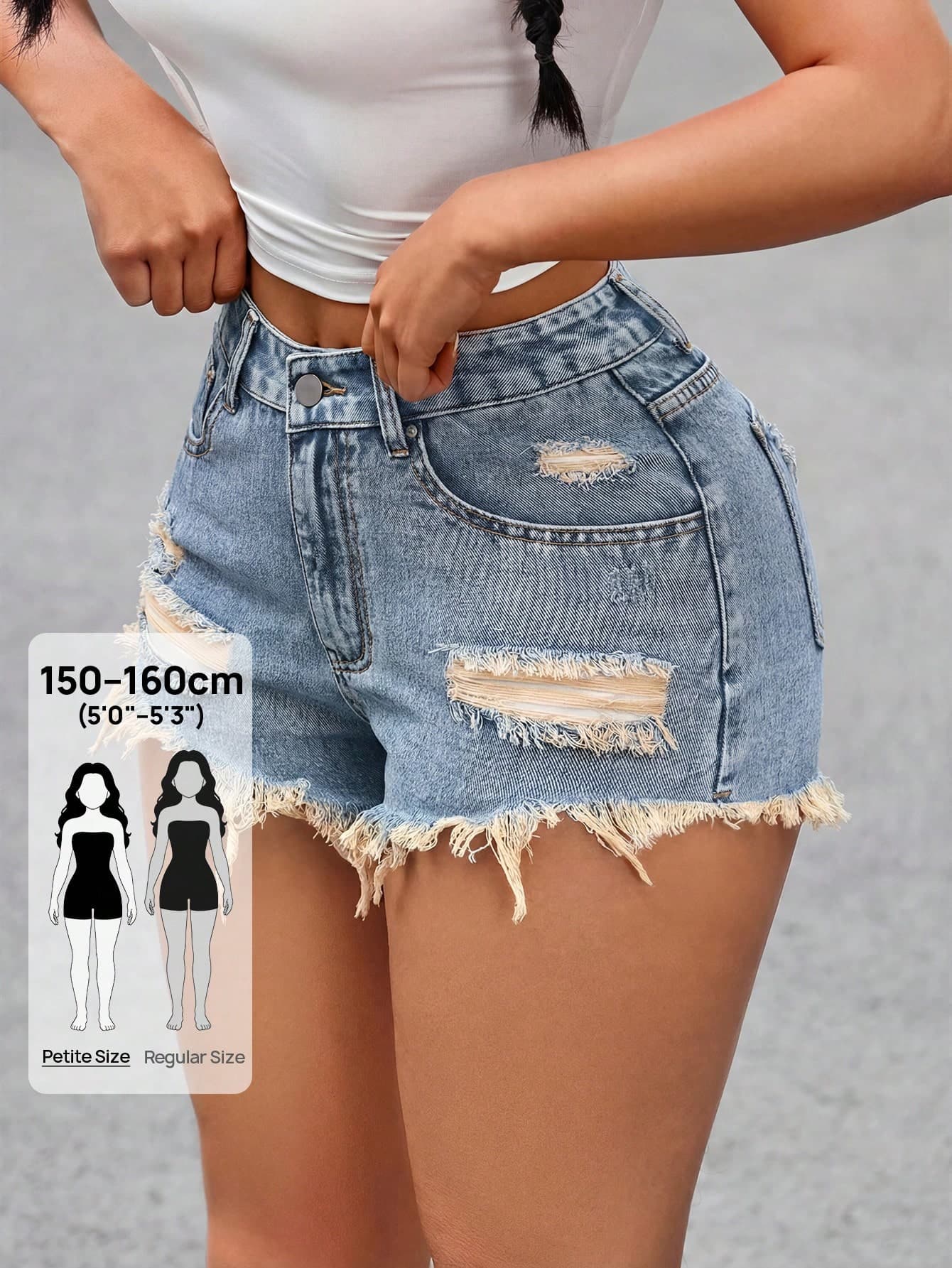 SHEIN PETITE Women's Casual Distressed Pocket Button Frayed Hem Denim Shorts, Versatile For Daily Wear ,Petite Women